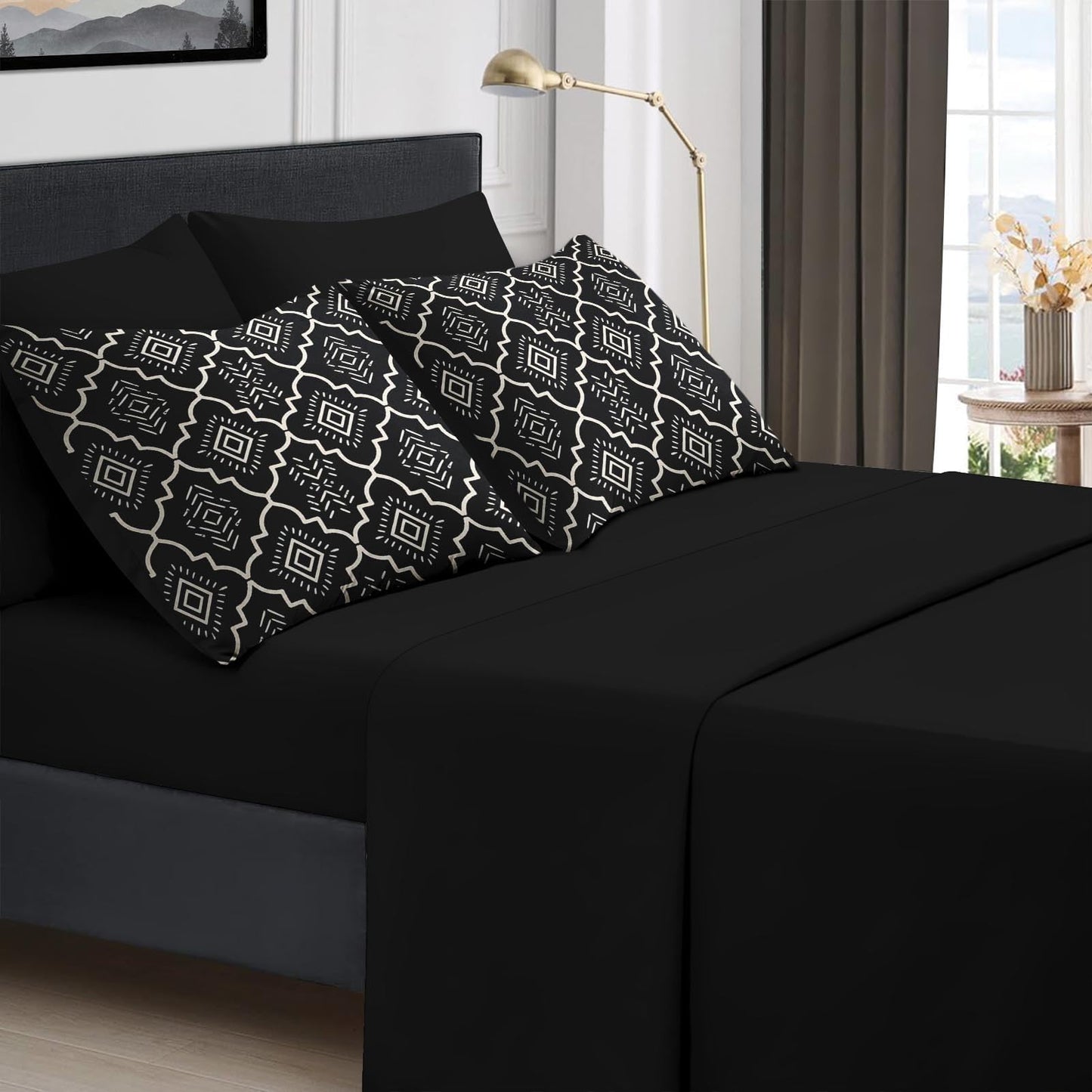 Boewywh Comforter Set Twin Size Boho Aztec Geometric 7 Pcs, Bedding for Kids and Adults, Southwestern Black Bed Sheet Sets with Fitted Sheet 2 Pillowcases & 2 Shams for Bedroom Bed Decor