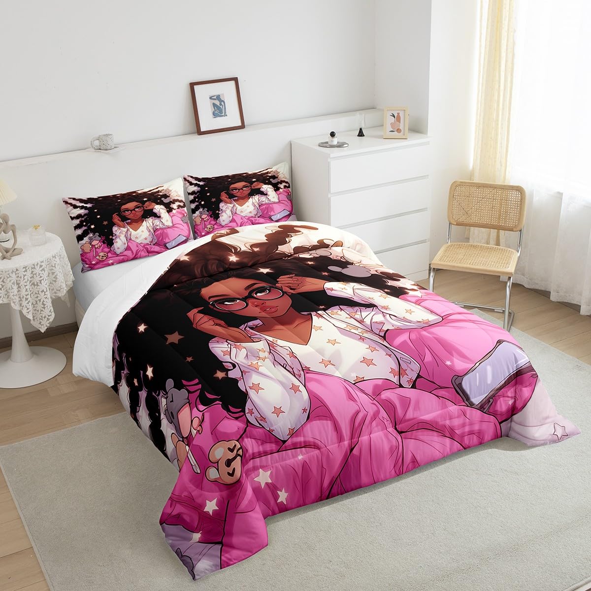 Manfei Black Princess Girlish Kids Comforter Set Full Size,Shiny Stars Dreamy Bedding Set,Girls Women Room Decor,African Amercian Theme Girls Down Comforter,Pink Romantic Duvet Insert,2 Pillowcases