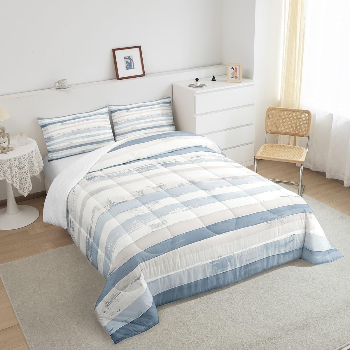 jejeloiu Abstract Blue Comforter Set Twin Size Modern White Grey Striped Bedding Set for Kids Boys Girls Decor Geometric Simple Neutral Duvet Quilt Soft Microfiber Bedroom Decor,with 1 Pillow Case
