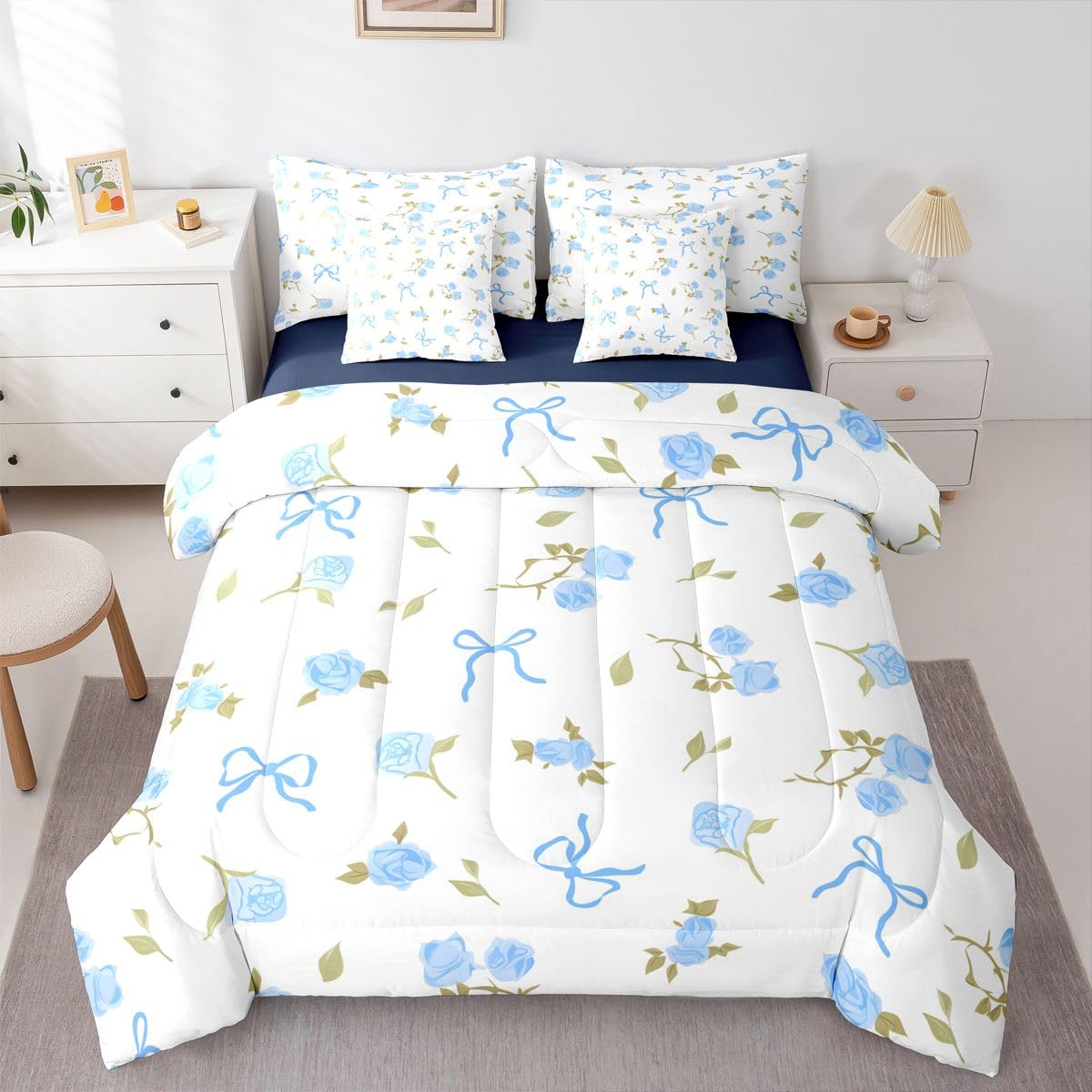 Erosebridal Blue Bow Comforter Set Bow Tie Rose Floral Bed in A Bag Full Size 7 Pieces Girly Bed Set Room Decor Dreamy Kawaii Bedding with Sheets