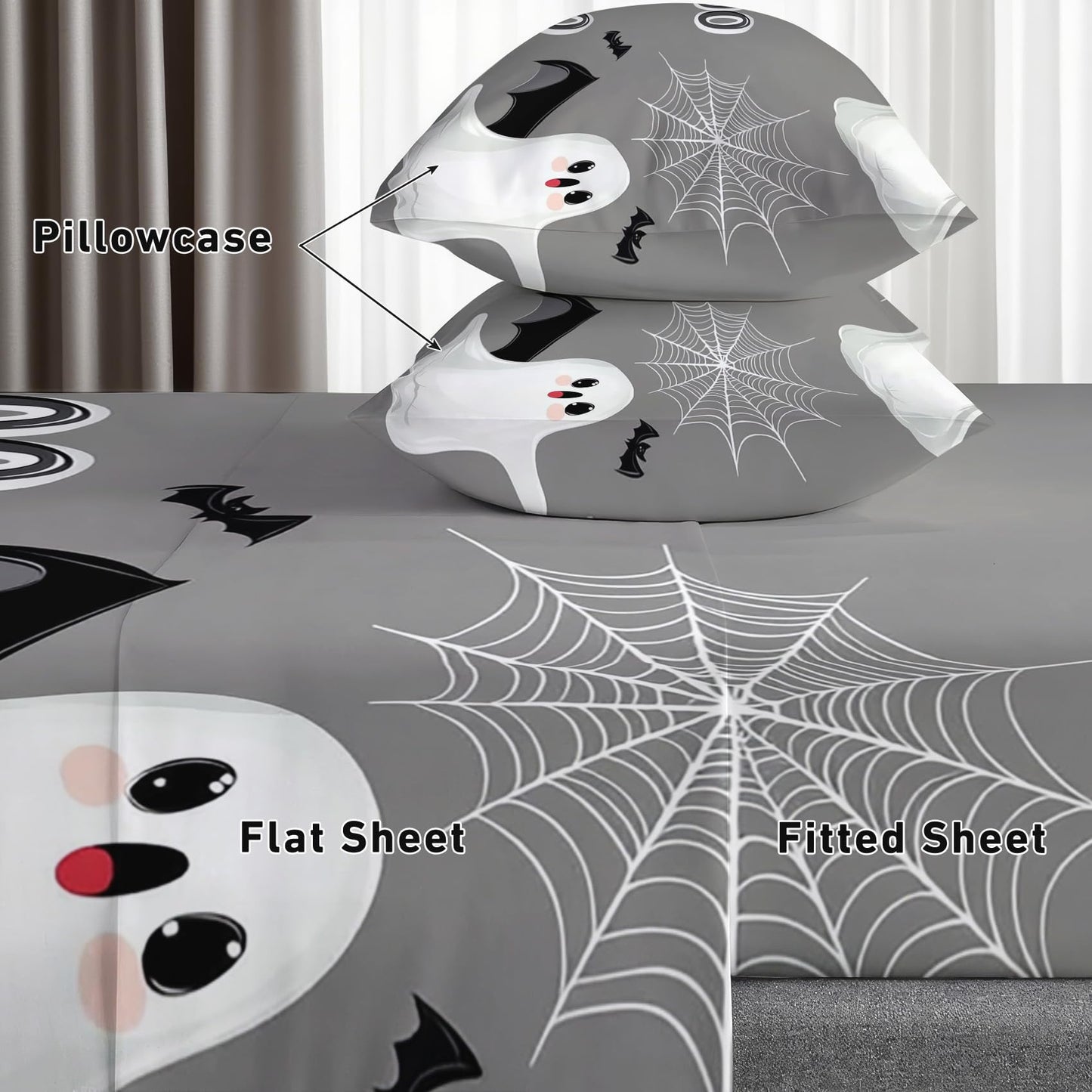 Halloween Sheets Twin Size - Gothic Spooky Ghost Spiderwebs Bed Sheet Set - Deep Pocket Soft Microfiber Bedding Set 3 Piece - Fitted Flat Sheet Pillowcase - Halloween Bedroom Decor & Gifts