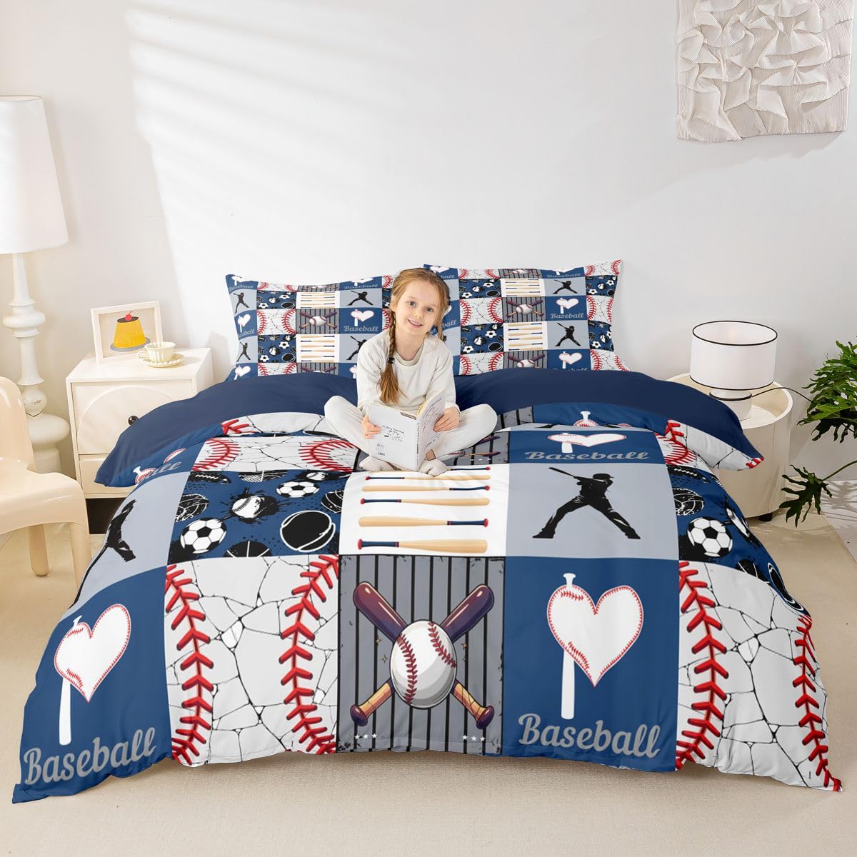 Erosebridal Baseball Bedding Set for Boys Teens Men - Sports Theme Duvet Cover With Patchwork Pattern - Modern Comforter Cover Bedspread Collections, King Size