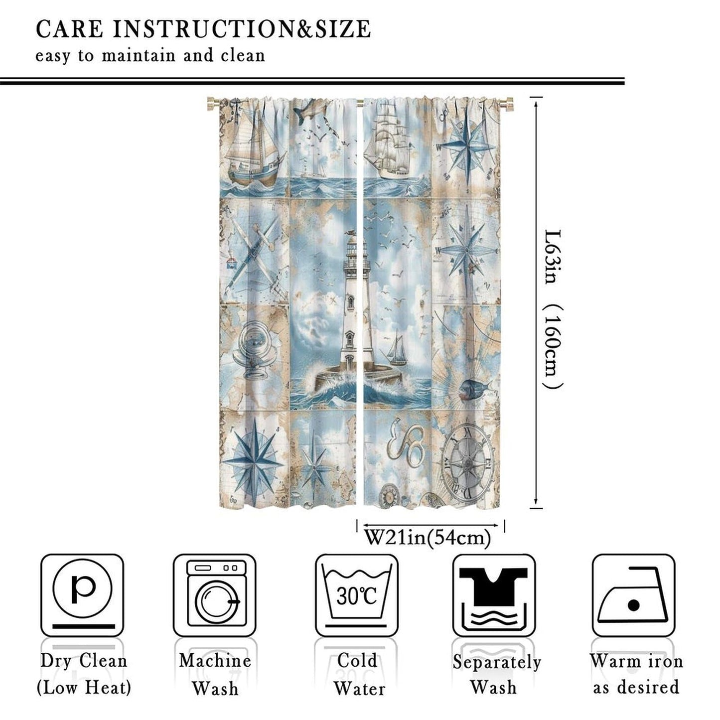 TOWINSFB Nautical Journey Blackout Curtains for Living Room Bedroom, Retro Sailboat Compass Lighthouse Window Curtains Rod Pocket Thermal Insulated Window Drapes, 2 Panels, Each 21W x 63L