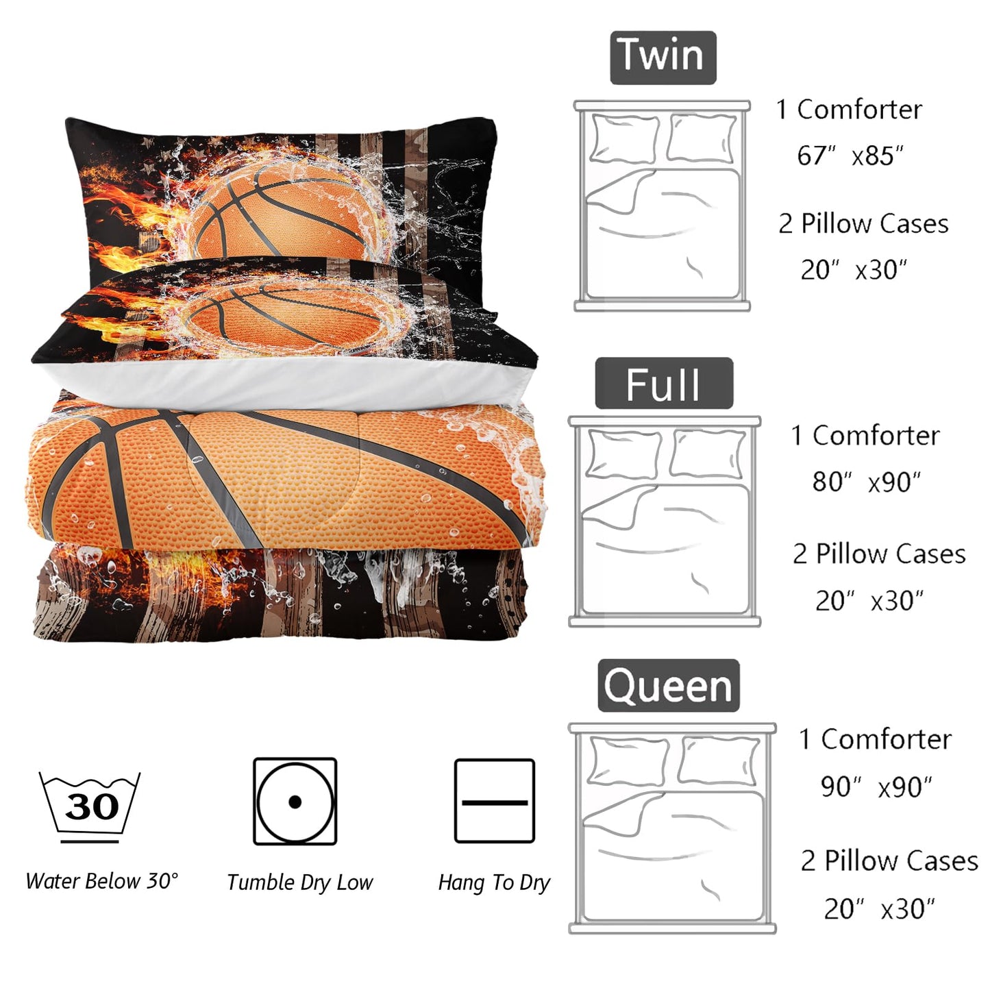 Nttopship Basketball Boys Comforter Set Twin Size，American Flag Bedding Set，100% Soft Ultra-fine Fiber Four Season Sport Basketball Comforter Set with 1 Comforter and 2 Pillow Case