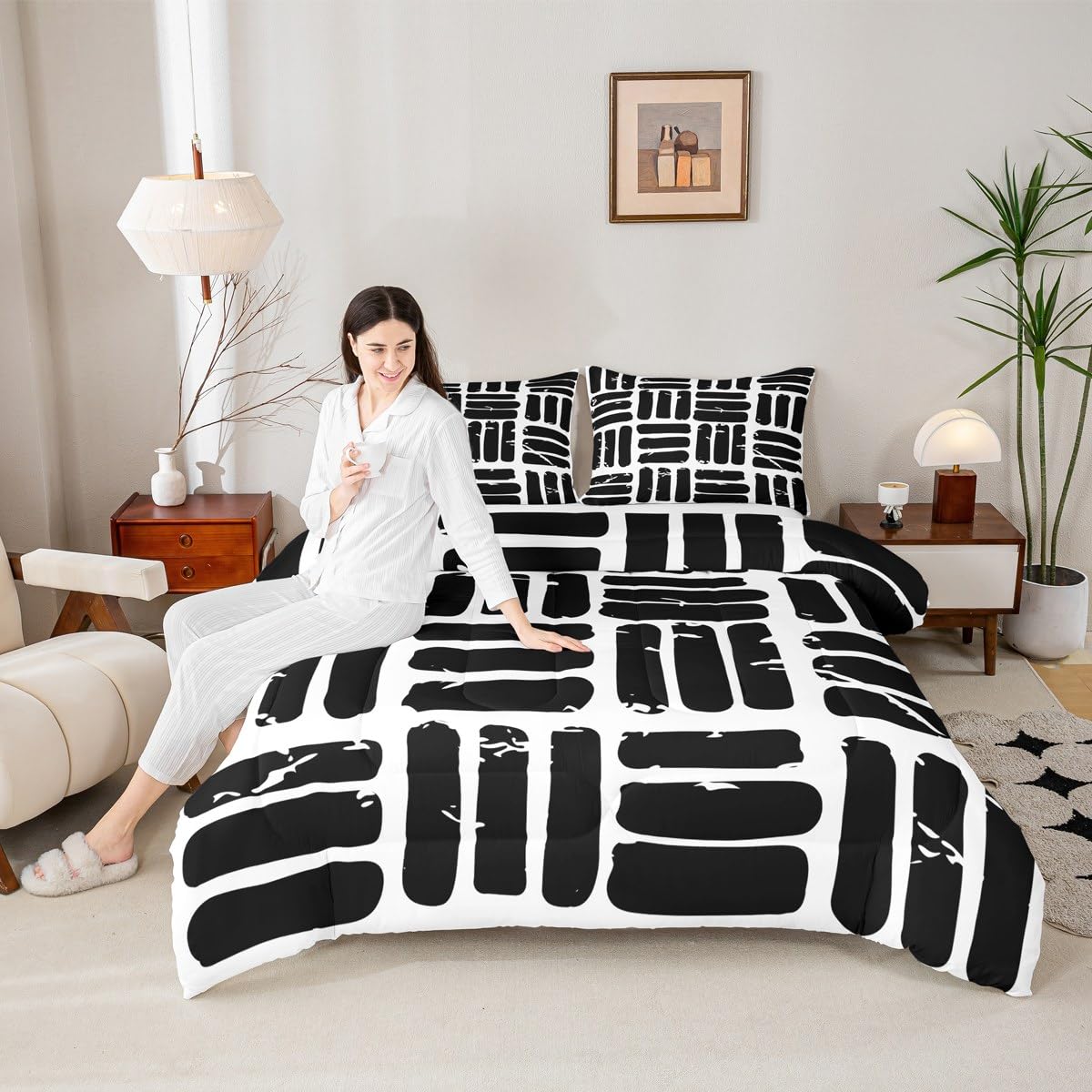 Feelyou Abstract Comforter Set Modern Abstract Art Bedding Set with 2 Pillow Cases White Black Microfiber Kids Full Bedclothes Luxury Bedroom Decor Geometric Duvet Quilt Breathable Soft Lightweight