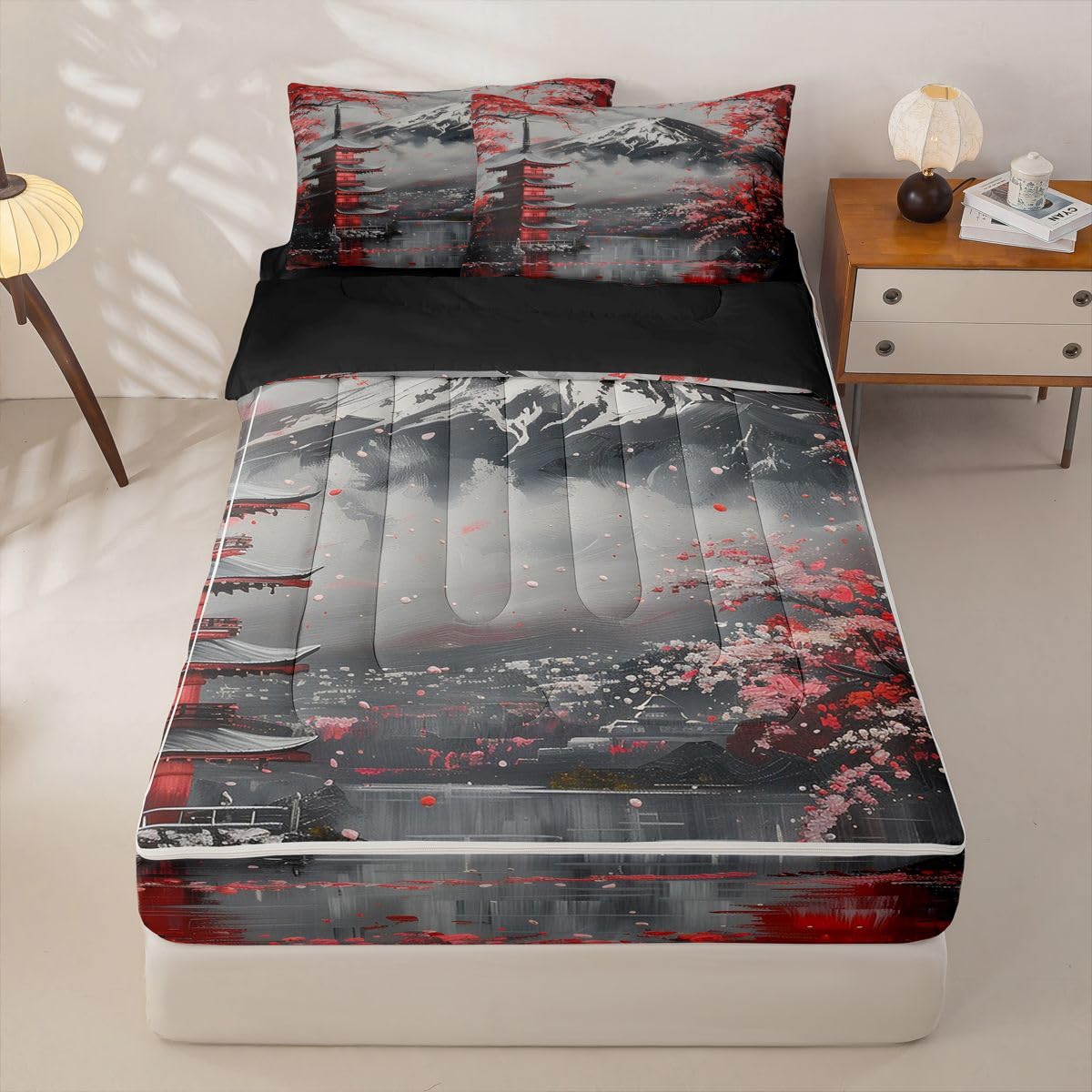 Erosebridal Cherry Blossom Zipper Bedding Vintage Japanese Art Twin Bed in a Bag Set for Boys Girls Teen Mount Fuji Pavilions Kids Comforter Set with Fitted Sheet Red Flowers Zip Up Bedding