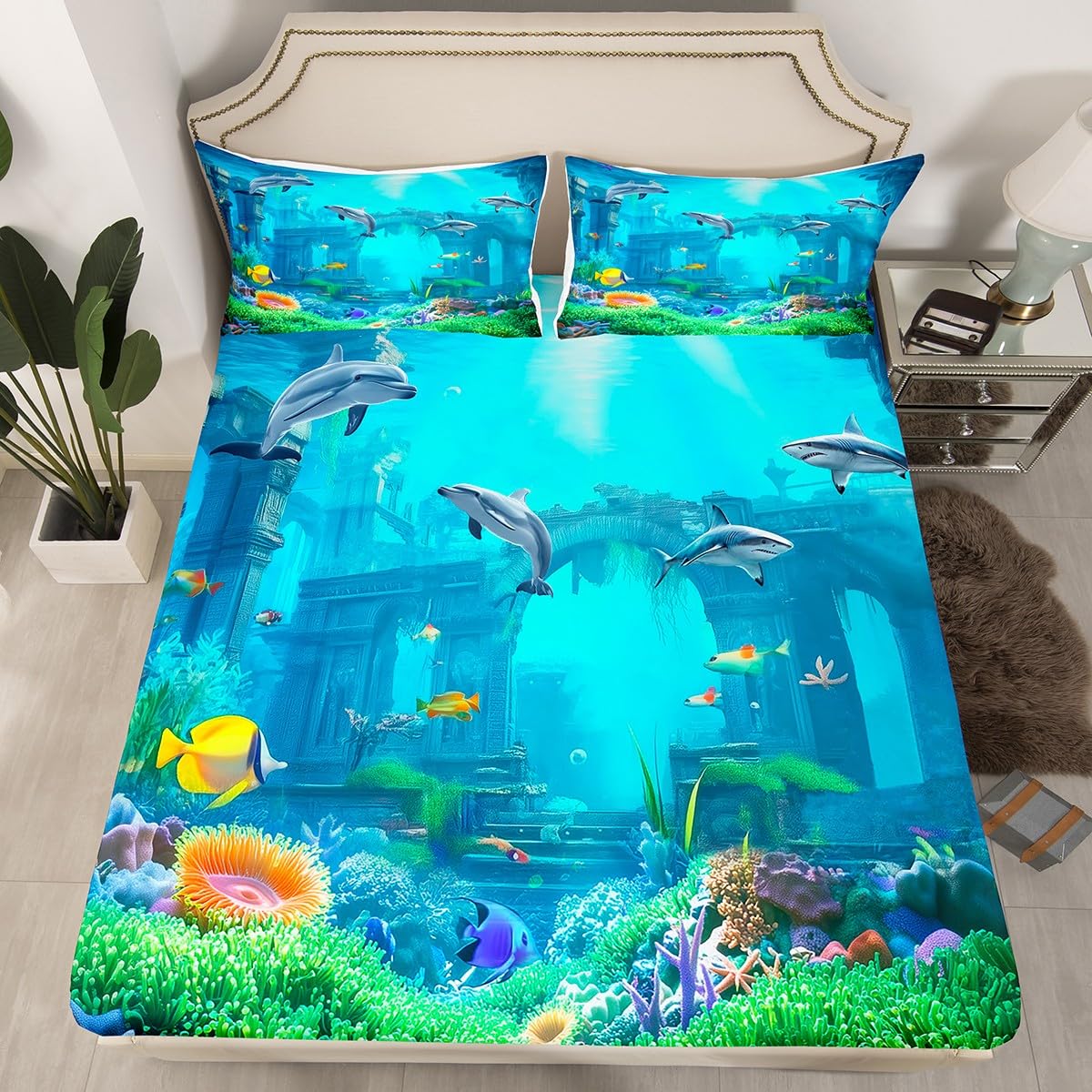 Erosebridal 3D Underwater World Bed Sheets Beach Fish Sea Blue Sheet Set Full Size, Shark Dolphin Fitted Sheet for Kids Child, Jellyfish Starfish Flat Sheet Tropical Sealife Bedroom Decor