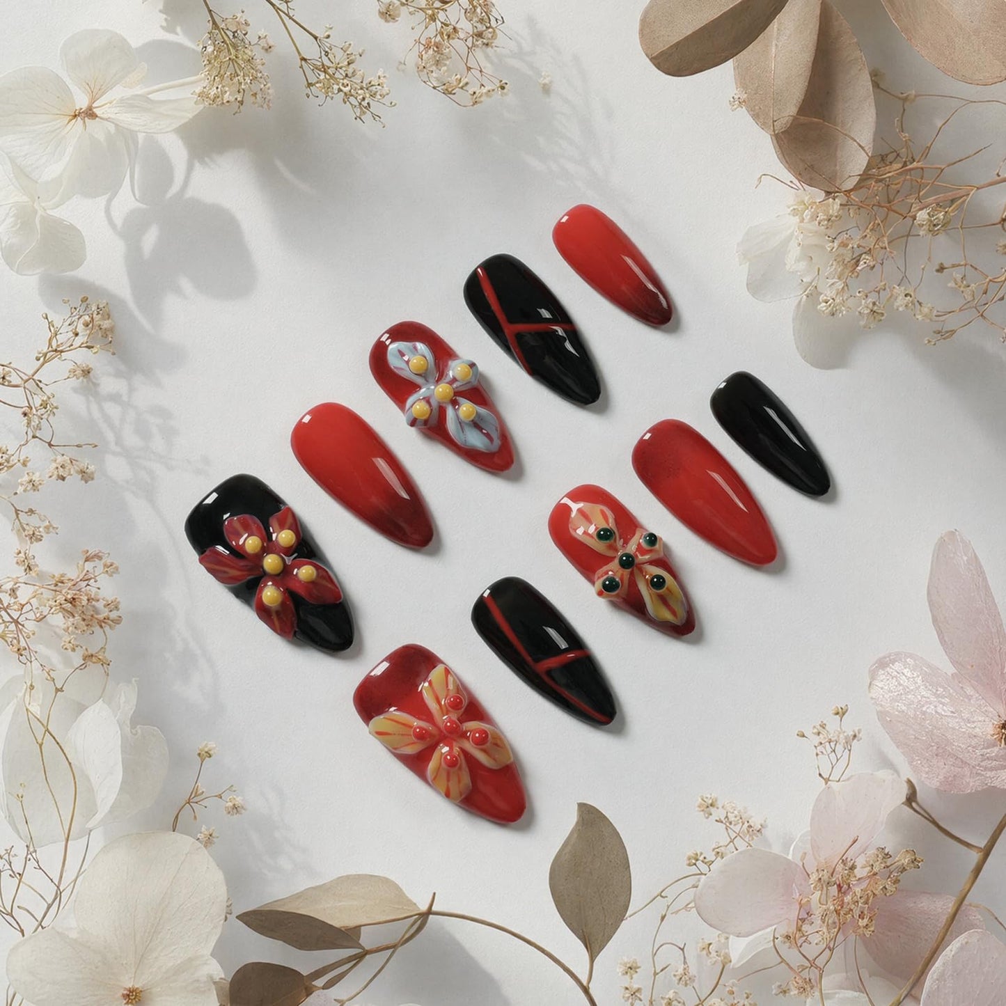 Tesytto Medium Almond Press On Nails, Red Black Gradient False Nails with 3D Embossed Colorful Flower, Reusable Glossy Y2K Fake Nails for Women & Girls (Crimson Flame,M)