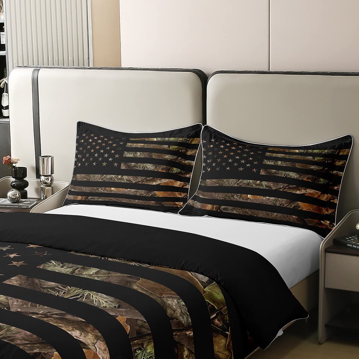 100% Cotton American Flag Camo Bedding Set Queen,Military Hunting Comforter Cover Rustic Trees Leaves Camouflage Duvet Cover For Boys Teens Kids Man Nature Conifer Oak Branches Quilt Cover