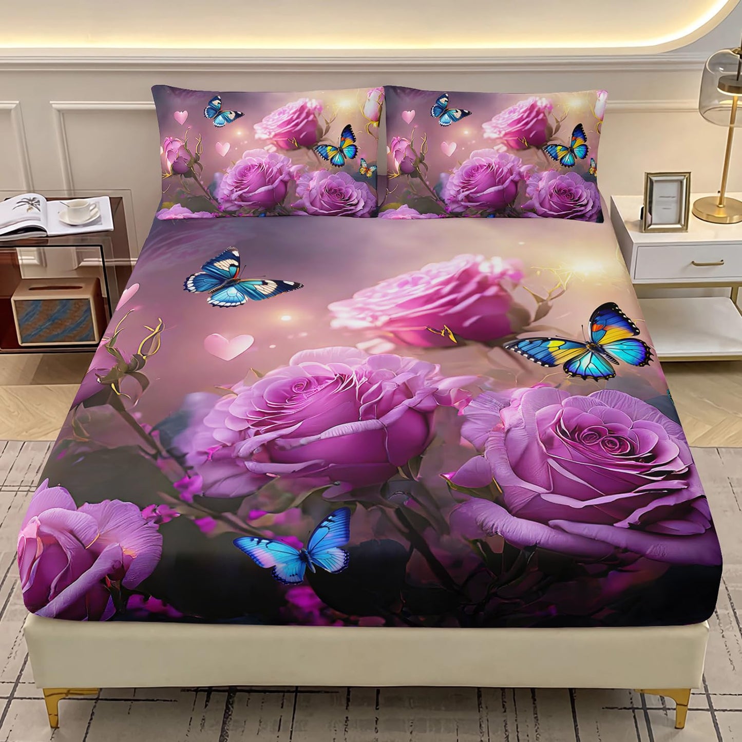 AILONEN 3D Rose Bedding Set Queen Size, Beautiful Rose Floral Print Fitted Sheet Set,Romantic Flowers Bed Sheet for Girls Women Bedroom Decor,Pink Rose Fitted Sheet with 2 Pillow Case,3-Piece