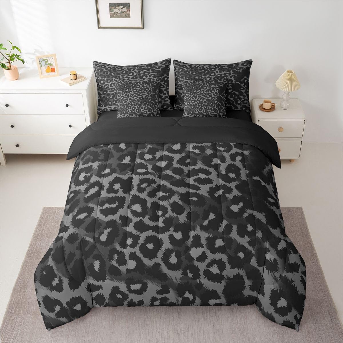 Erosebridal Black Leopard Comforter Set 7 Piece King Size Cheetah Decor Bedding Set for Boys Women Adult Teens Kid African Safari Animal Bed in A Bag Cheetah Wildlife Sheet Sets