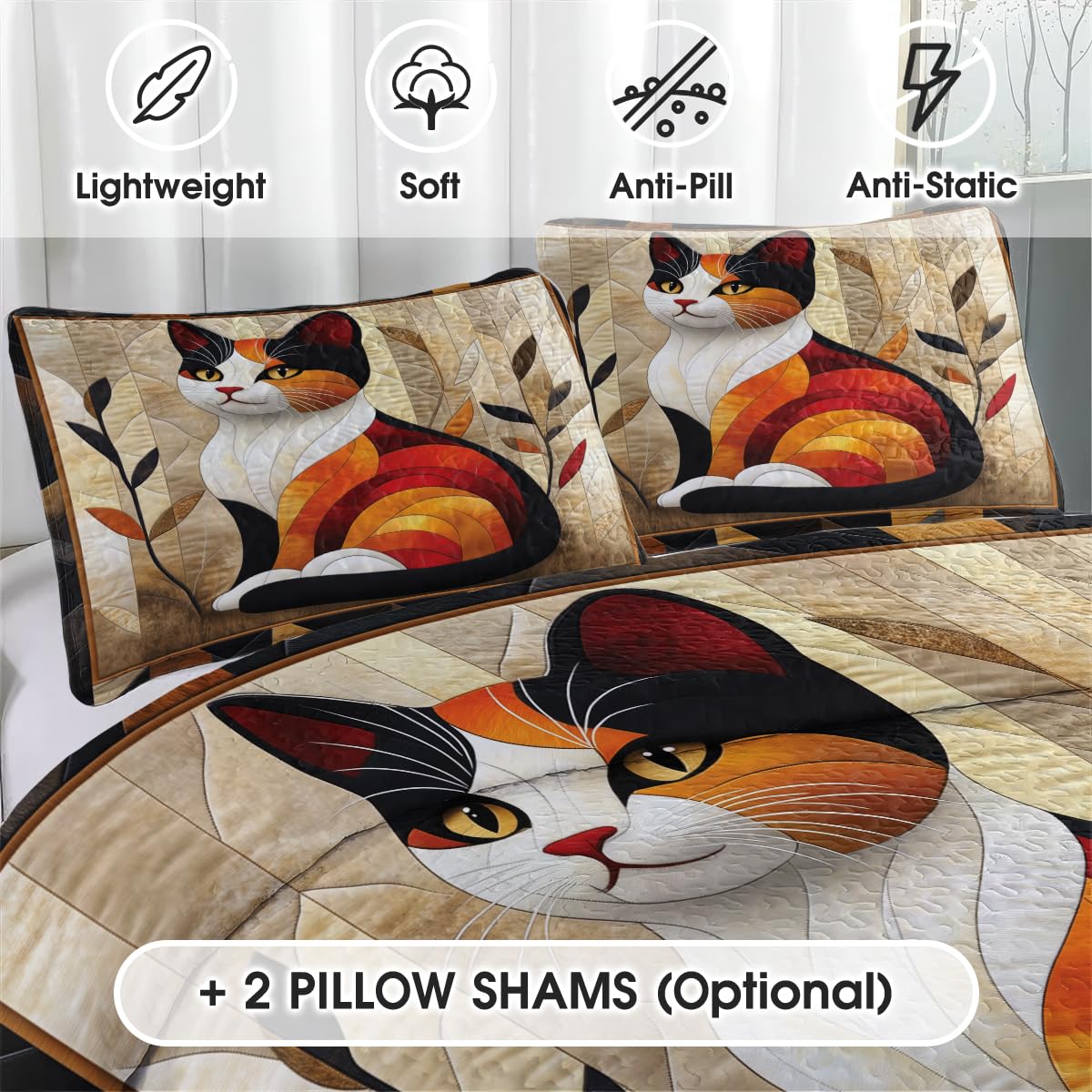 Jeminise Cat Quilt Set - Cat Patchwork Style Printed Bedding, Animal Patchwork Bedset, Farmhouse Blanket with Pillowcases, Premium Quilt Pattern Bedding Set, Twin Full Queen Size