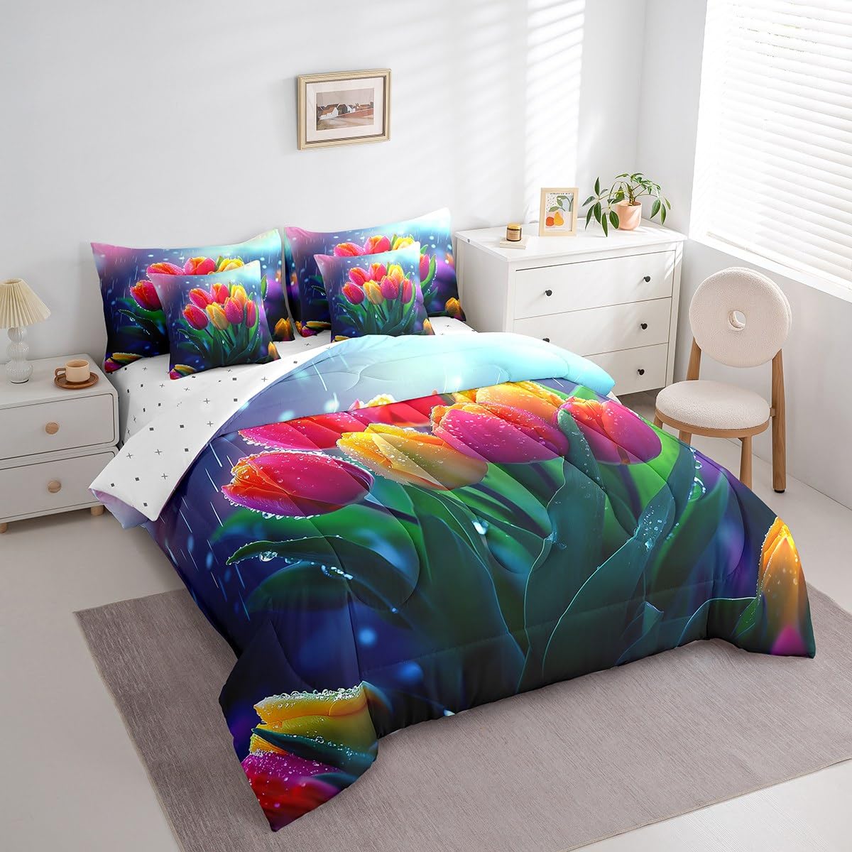 Erosebridal Tulips Bedding Set Spring Summer Flowers King Comforter Set 7 Piece for Kids Girls Teen Women,Rainy Floral Pink Yellow Tulips Bed in A Bag Pastel Plants Sheet Set with Comforter