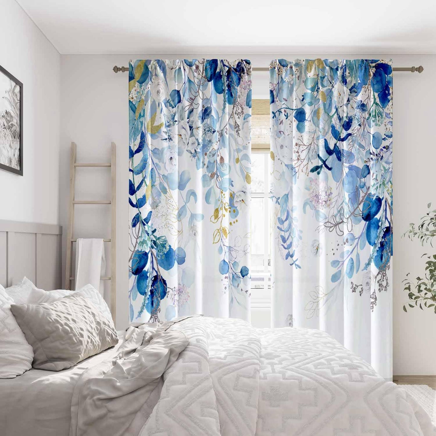 Blue Eucalyptus Curtains for Living Room 84" Length Watercolor Leaf Plant Spring Summer Blue and White Semi-Sheer Curtains for Bedroom Kitchen Windows,Botanical Nature Light Blue Gold Curtain, 2 Pack