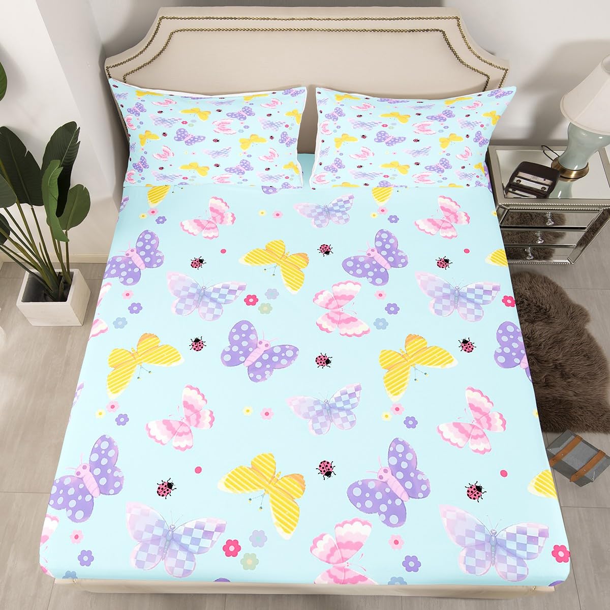Feelyou Yellow Butterfly Fitted Sheet Twin Size for Kids Boys Girls Pink Butterflies Print Bed Sheets Set 16" Deep Pocket Cute Flowers Bedding with 1 Pillowcase Ladybug Room Decor