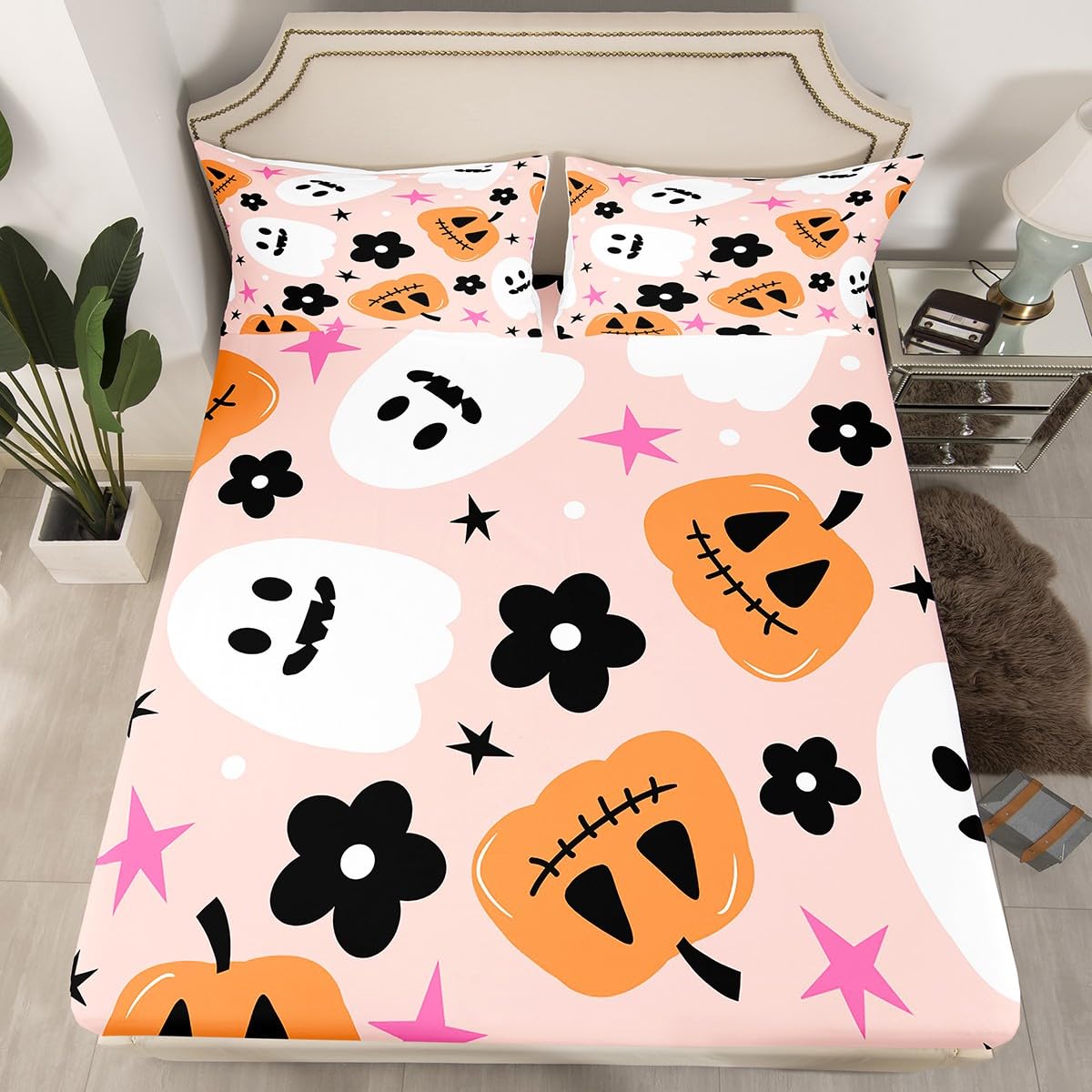 jejeloiu Cute Halloween Bed Sheets Set King Size Cartoon Ghost Pumpkin Fitted Sheet for Kids Boys Girls Trick or Treat Decor Bedding Set Soft Lightweight Microfiber Bedroom Decor（with 2 Pillow Cases）