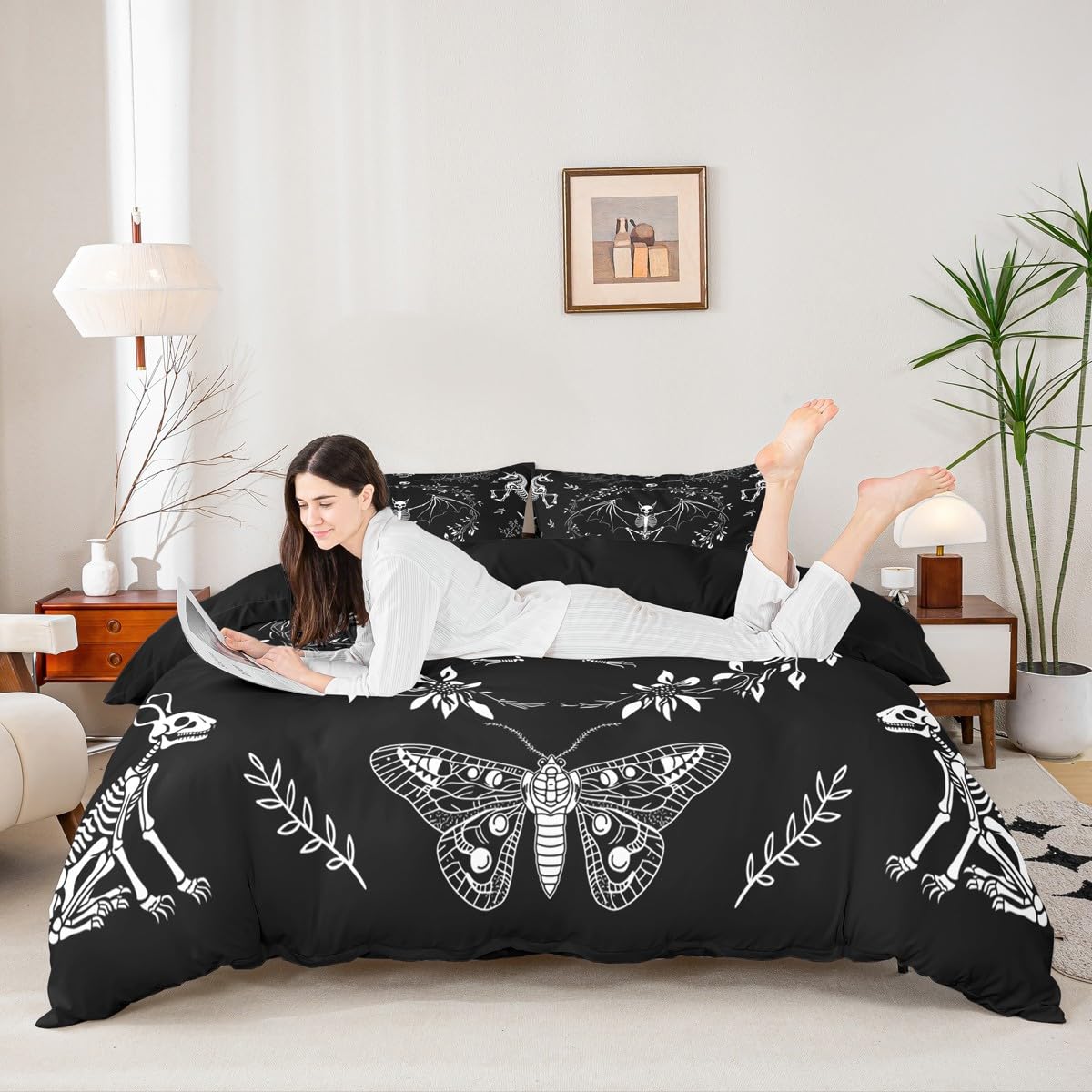 Castle Fairy Moth Duvet Cover Twin Size,Gothic Rabbit Animal Skull Bedding Set 2pcs for Kids Teens,Halloween Skeleton Black White Comforter Cover Soft Quilt Cover,No Comforter