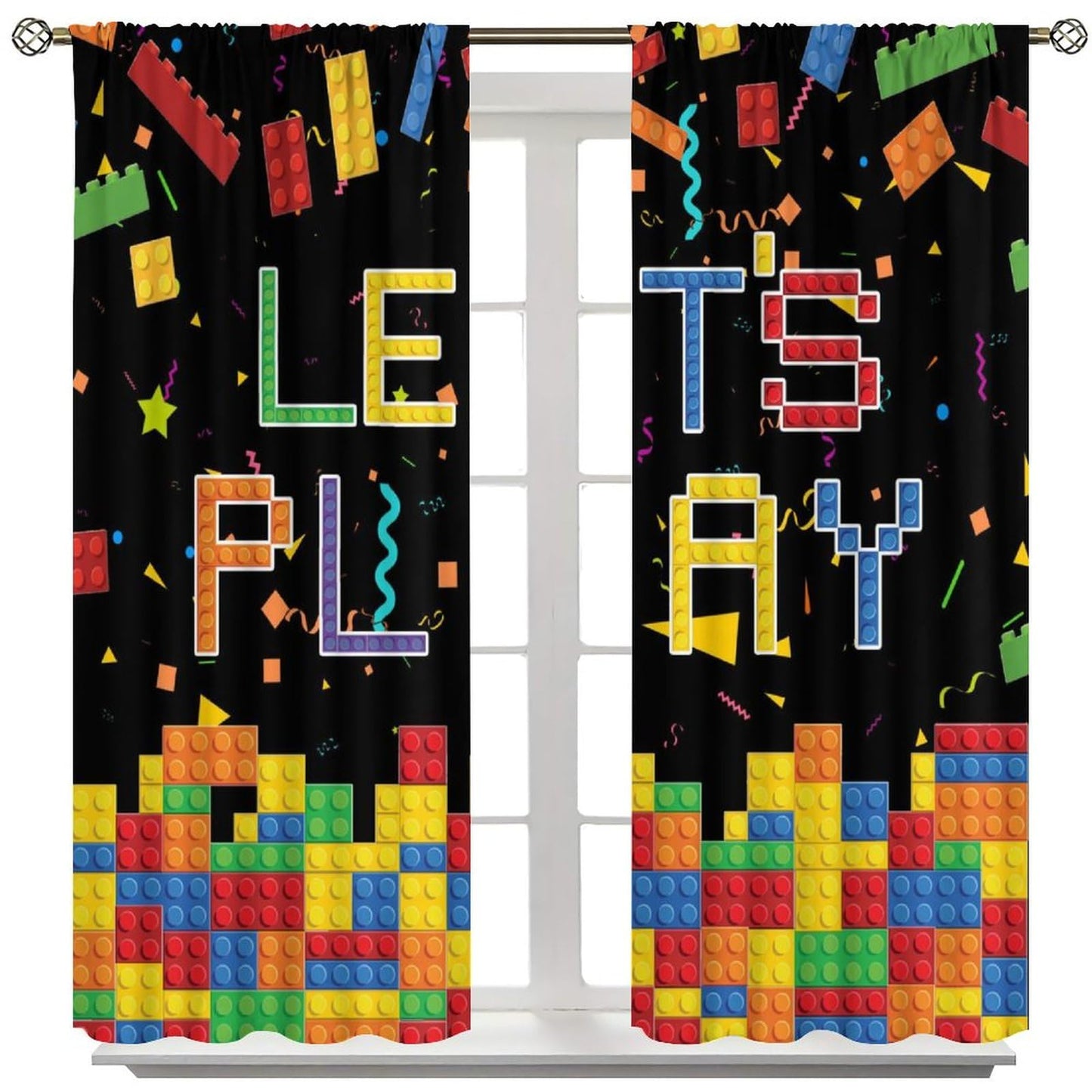 AAVEUP Kids Boys Curtains,Colorful Building Blocks Toys Plastic Brick Toy Pattern Abstract Contour Printed Window Drapes for Boys Room Living Room Nursery Party 42x44.5in（No Blackout）