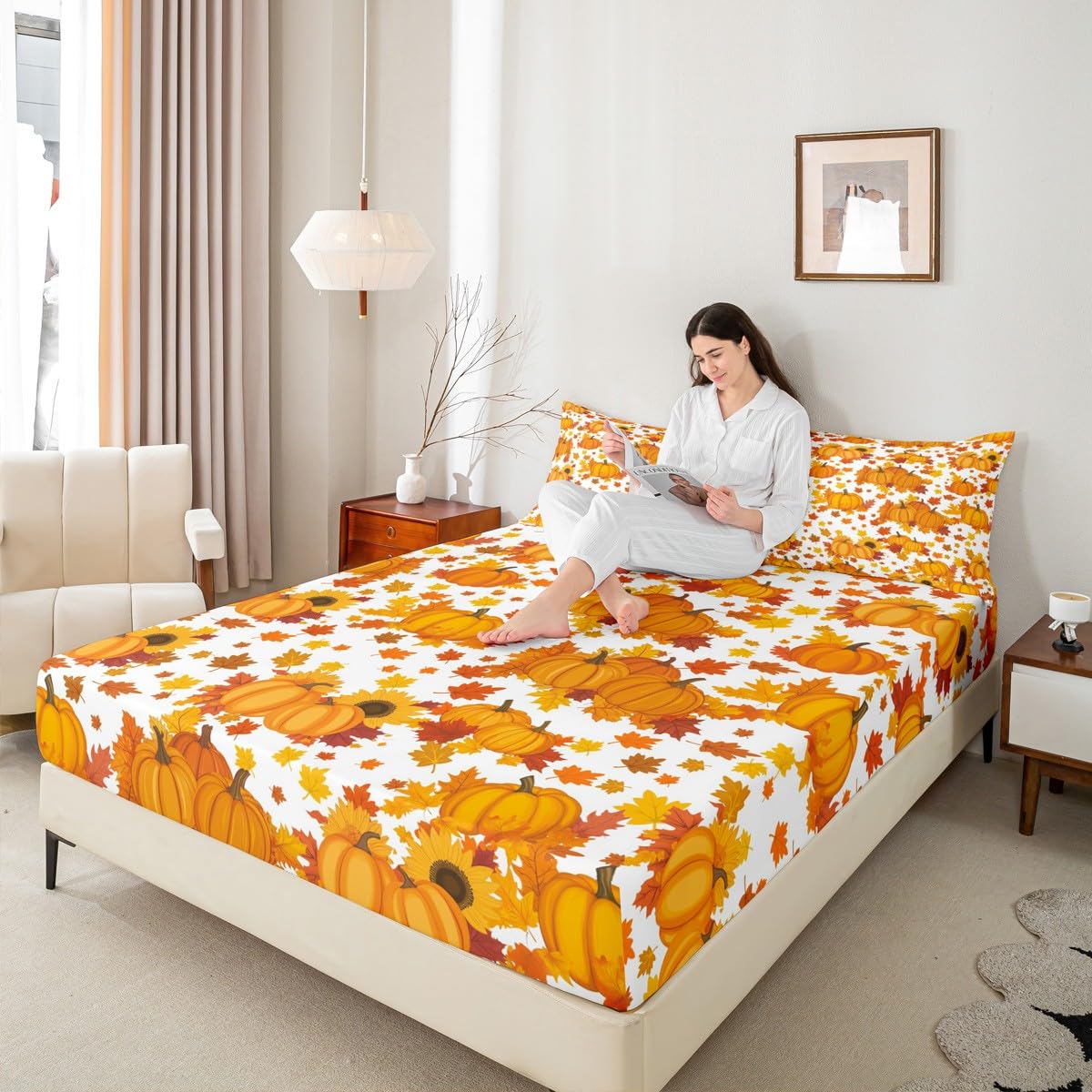 Fall Pumpkin Bed Sheets Queen Autumn Maple Leaves Bedding Set Thanksgiving Harvest Season Decor Sheet Set For Home,Rustic Farmhouse Sunflower Fitted Sheet Orange White Flat Sheet + 2 Pillow Cases