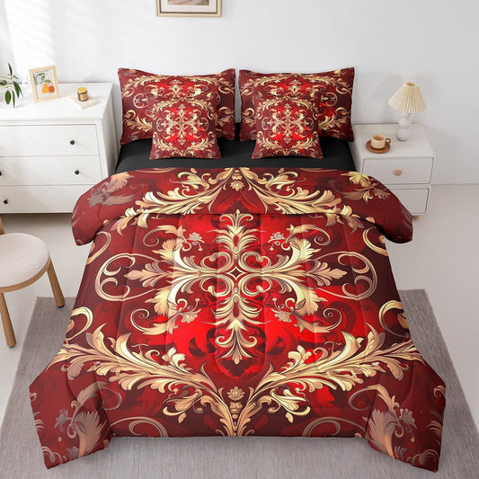 Erosebridal Red Damask Full Size Comforter Set, Bohemian Vintage Florals Paisley Soft Bedding 7-Piece Bed in a Bag, Hippie Exotic Aztec Waterproof Bed Set For Bedroom, Elegant Luxury Fitted Sheets Set