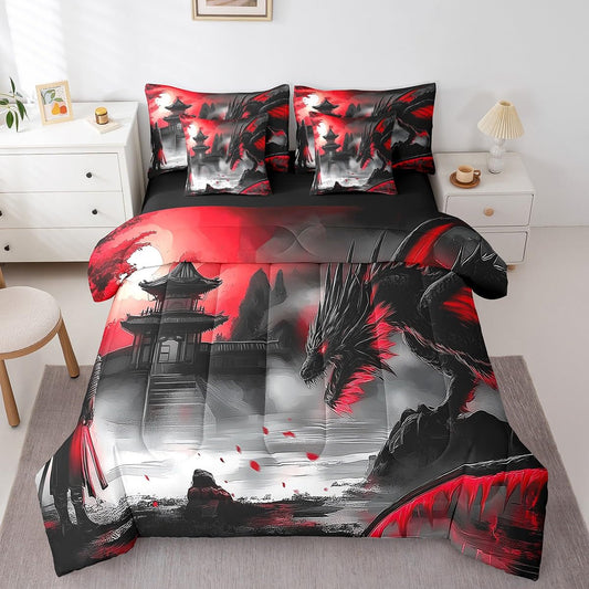 Erosebridal Samurai and Dragon Queen Comforter Set,Japanese Anime Bedding Set for Kids Boys Men,Oriental Themed Bed in a Bag 7 Piece with Sheets,Vintage Style Bed Set with Fitted Sheet,Flat Sheet