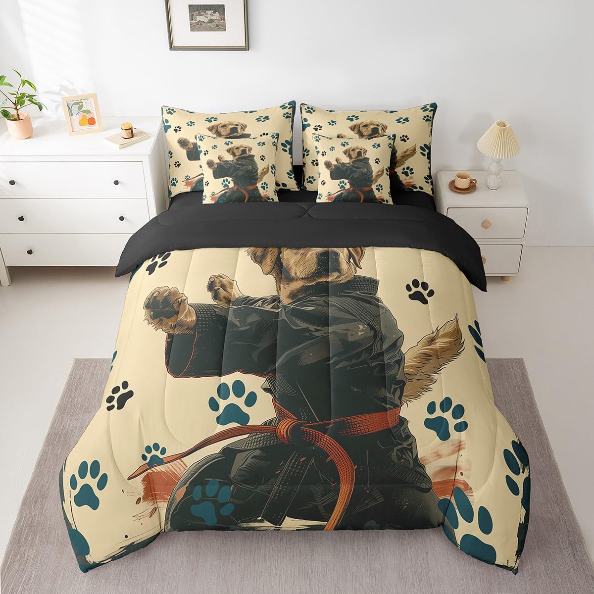 Feelyou Kids Taekwondo Comforter Set with Sheets Queen Size, Kungfu 7 Pieces Bedding Set Boys Girls Cute Dog Bed in A Bag Japanese Sports Teens Bed Set Bedroom Decor 7Pcs