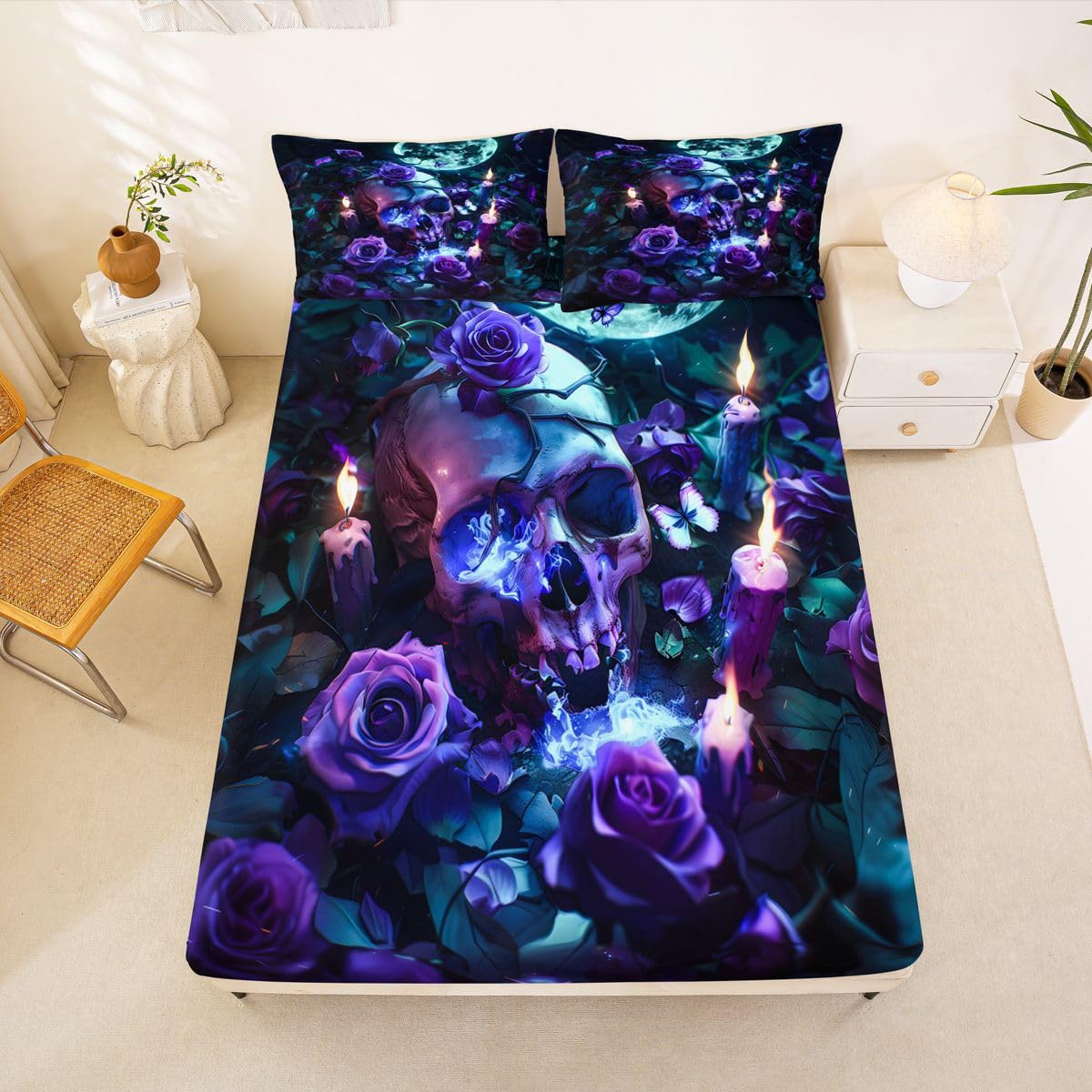 Feelyou Sugar Skull Bed Sheets Set Full Size Halloween Themed Bed Set for Kids Boys Girls Rose Floral Flower Deep Pocket Fitted Sheet Butterfly Breathable Soft Lightweight Microfiber Candles