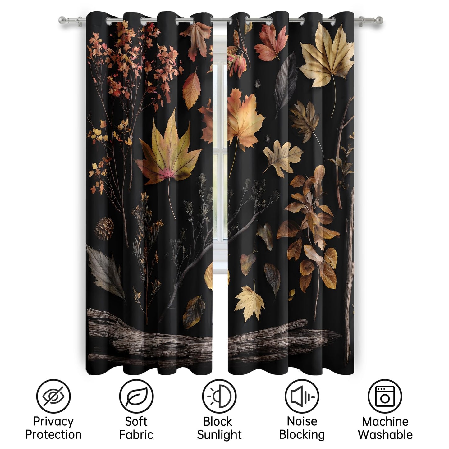 Mistwalk Fall Leaf Blackout Curtains for Bedroom & Living Room, 63 Inch Curtains 2 Panel Set, Room Darkening Thermal Insulated Grommet Drapes, Rustic Autumn Leaves Patterned Window Treatments