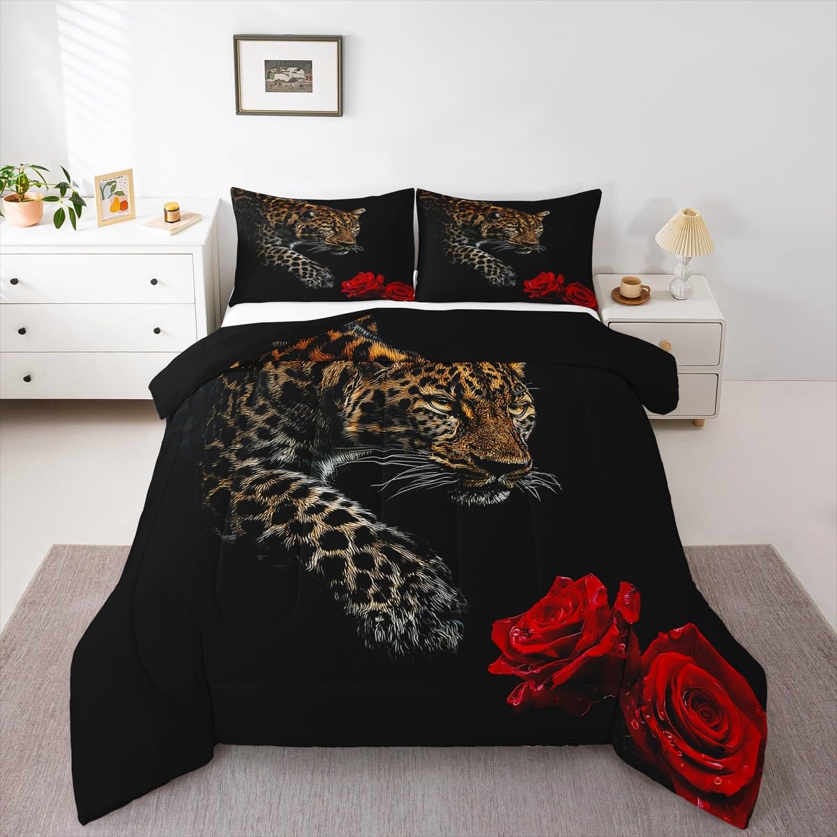 Erosebridal Leopard Comforter Set Queen Size,Red Rose Cheetah Bedding Set,Cat Leopard Print Down Comforter, Romantic Floral Quilted Duvet, Safari Animal Quilt Set, Stylish Bedroom Decor, Black