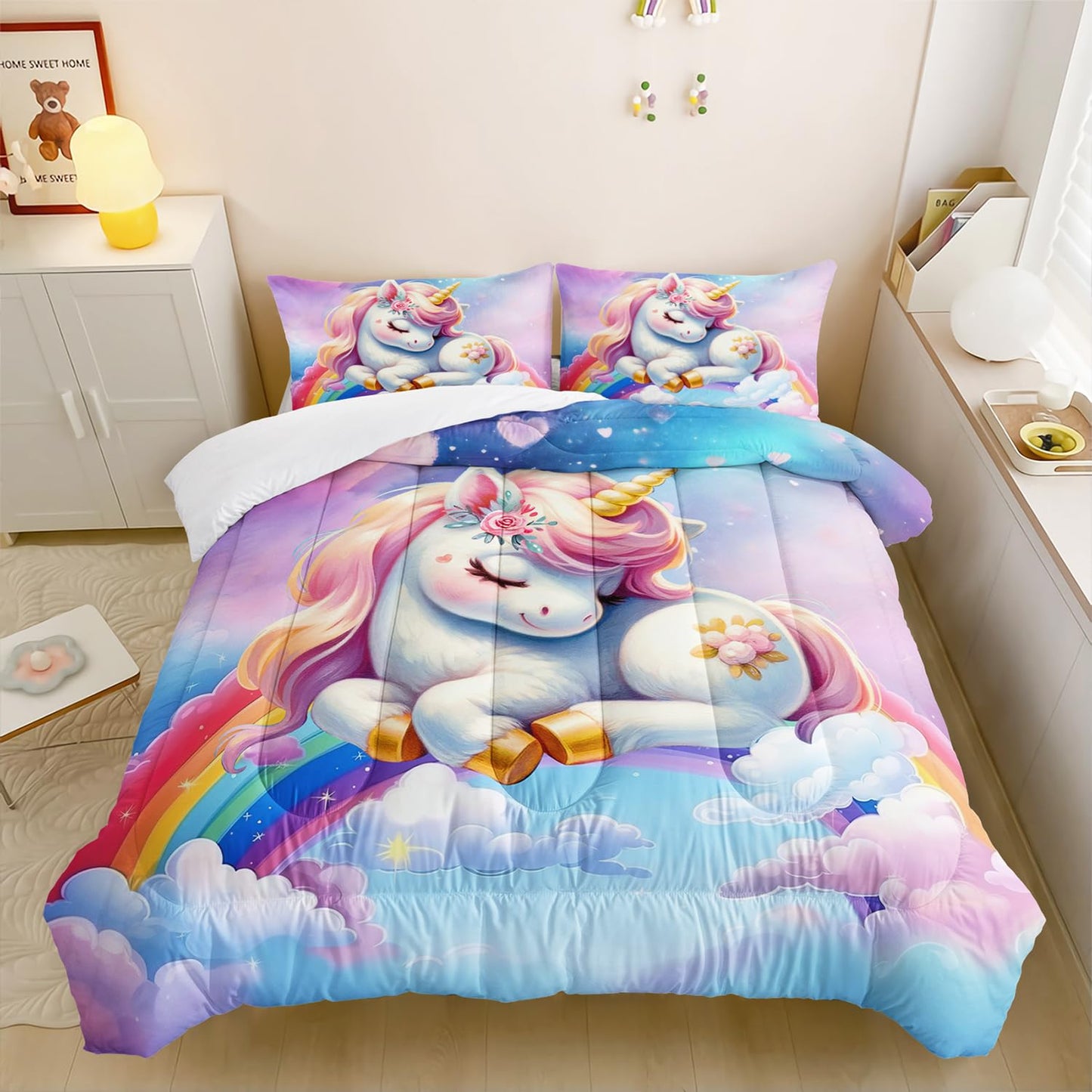 XYNHML Pink Blue Unicorn Comforter 3pcs Full Kids Clouds Rainbow Flowers Quilt Boys Girls Bedding Set Cute Printed Fantasy Room Decor Bed Set with 1 Comforter and 2 Pillowcases