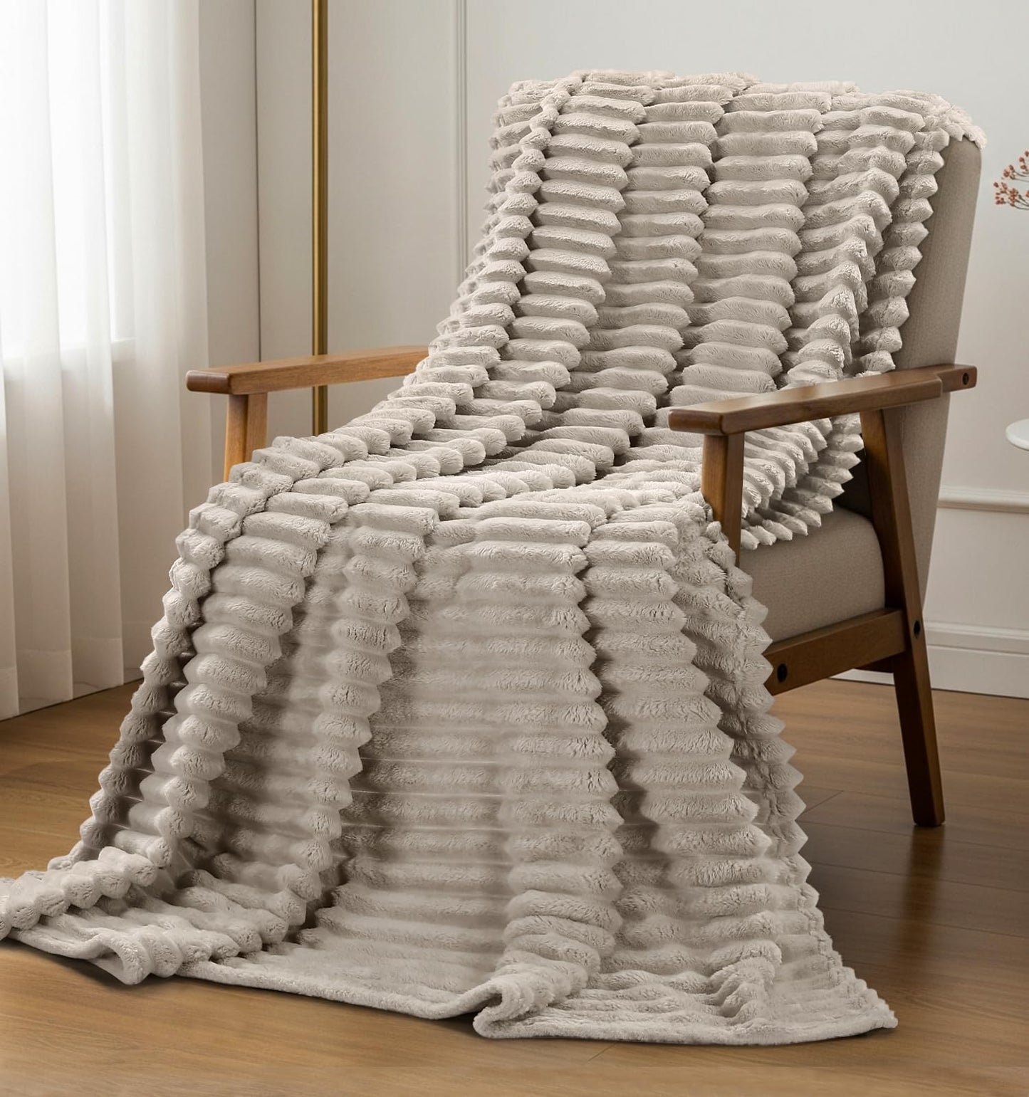 Utopia Bedding Linen Striped Fleece Blanket Throw Size – Fluffy, Warm & Lightweight Ribbed Throw for Bed, Sofa & Chair - Soft Cozy Blanket for Home Décor & Gifting (50x60 Inches)