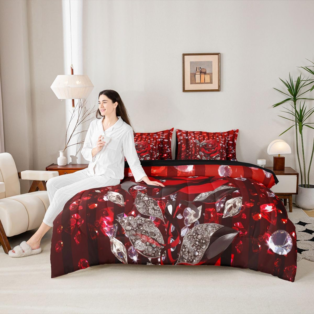 Erosebridal Red Rose Romantic Queen Comforter Set with Sheets 7 Piece Valentine Day Gift Bed in A Bag Rose Floral Flower Bedding Sets for Women Men Adults,Glitter Diamond Butterflies Bed Set