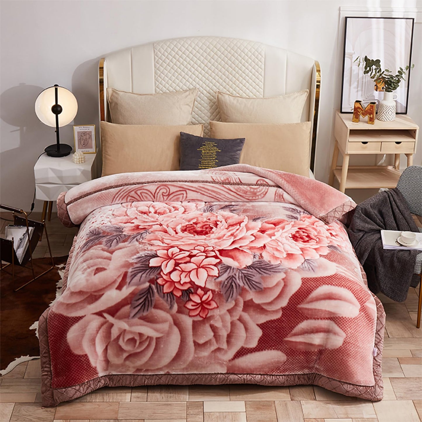 MODUSKYE Mink Blankets, Korean Heavy Fleece Plush 78x90 inch 2 Ply Mink Blankets with Peony Pattern 7.7lbs Queen Soft Cozy Raschel Blanket for Autumn Winter (Bean Paste)