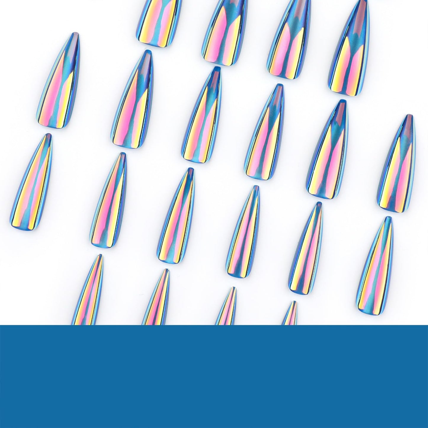 SINHOT Stiletto Press on Nails Long - Long Fake Nails, Glossy Finish, Blue Cat Eye & Chrome, DIY Artificial False Nail Art - 24 Pcs Nail Kit with Glue