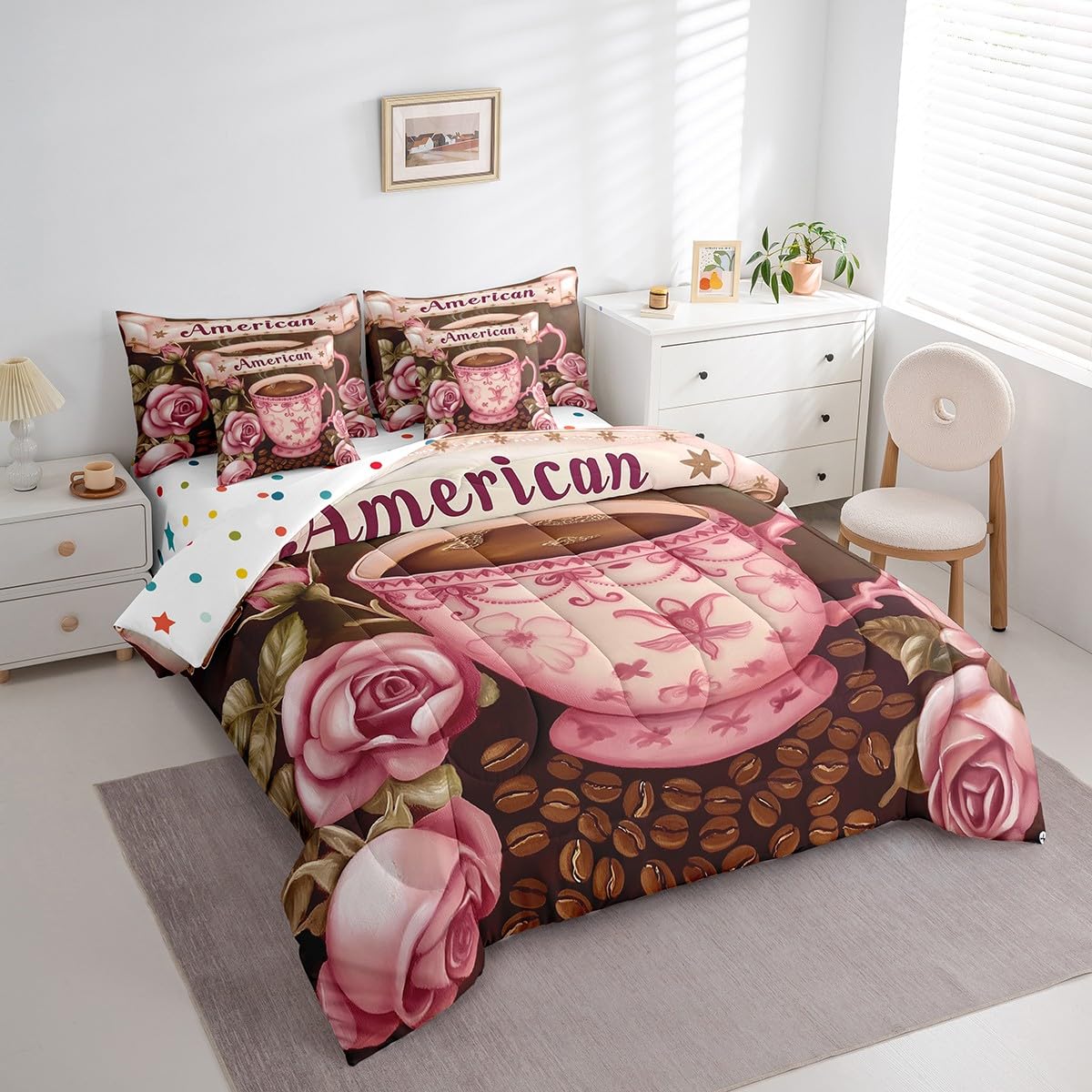 Erosebridal American Coffee Comforter Set Full Size,Oil Painting Rose Bedding Set for Kids Teens,Coffee Bean (Comforter+Fitted+Flat Sheet+2 Pillowcases+2 Throw Pillow Covers) 7 Pieces Bed Set