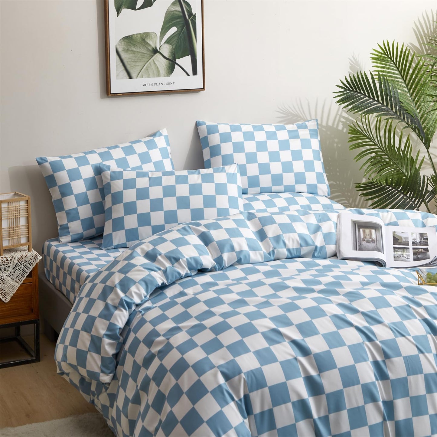 CLOTHKNOW Blue White Plaid Queen Duvet Cover Set 3Pcs Grid Bedding Sets Checkerboard Comforter Cover Sets with 2 x Pillowcases