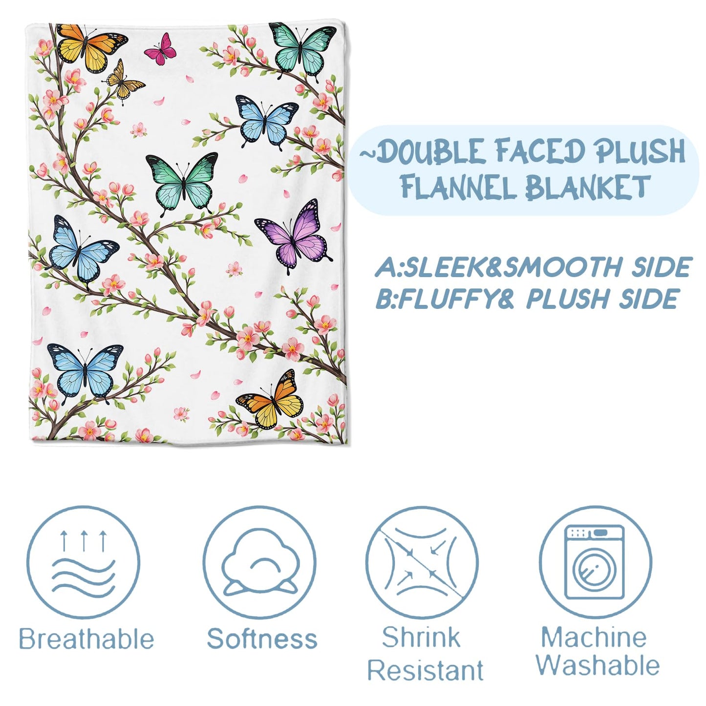 Zeleda Floral Butterfly Cozy Throw Blanket for Couch Sofa Bed, Soft Flannel Romantic Flower Blankets for Women Kids Girls, Warm Lightweight Whimsical Nature Throws for Room Decor Gifts, 50x60 Inches