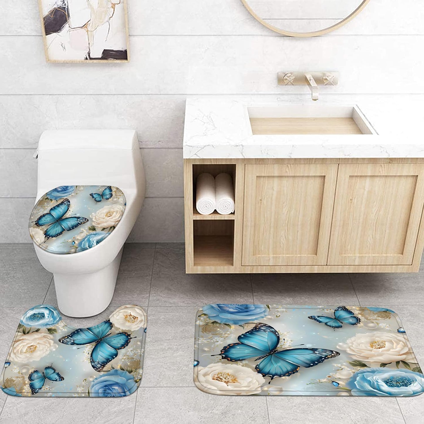 Chrainy 4pcs Shower Curtain Set for Bathroom and Toilet Blue Floral Butterfly Bathroom Decor Sets with Shower Curtain and Accessories Bath Mat,U Shape and Toilet Lid Cover Bathroom Set