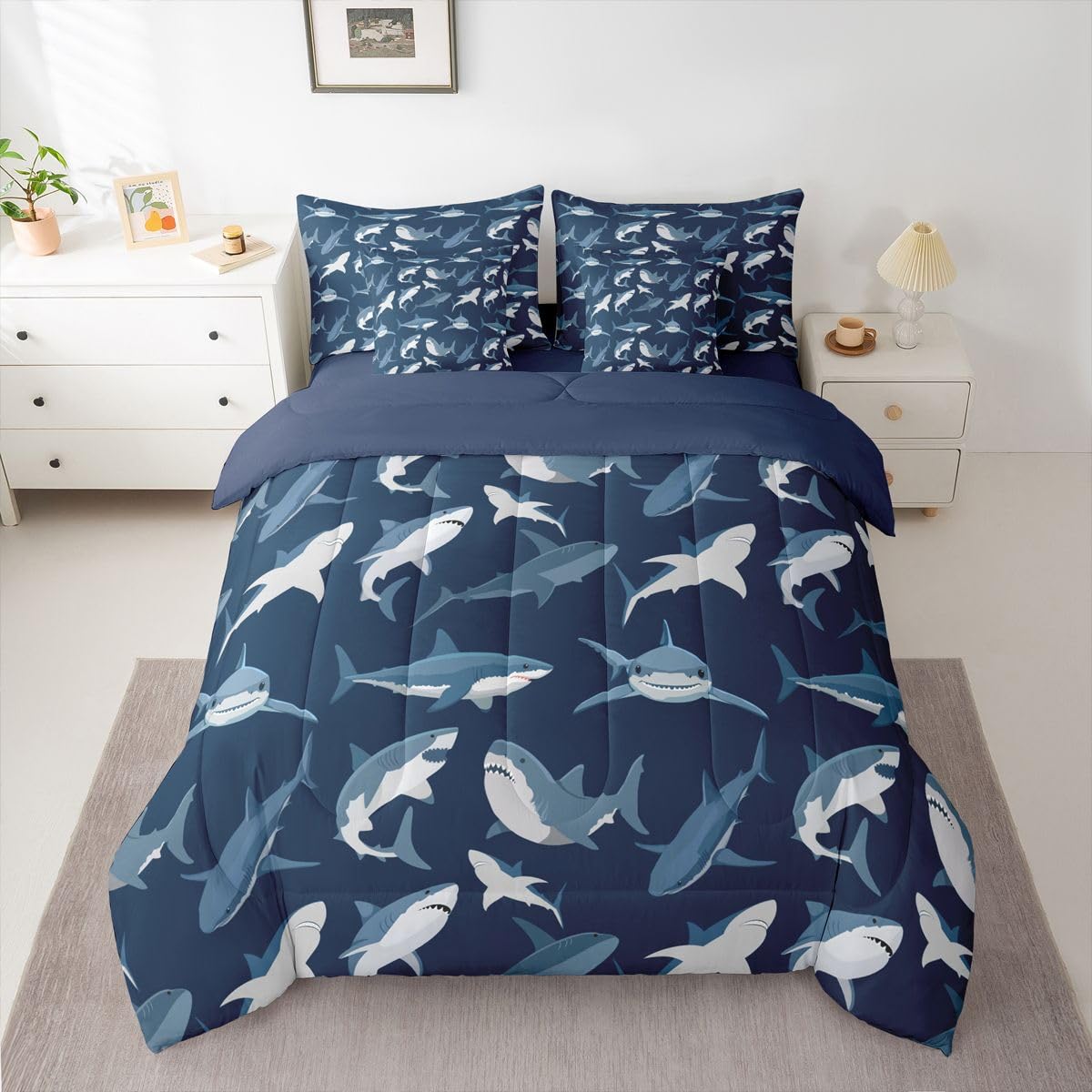 Erosebridal Boys Shark Queen Comforter Set with Sheets Navy Blue Ocean 7 Piece Bedding Set Cartoon Coastal Bed in a Bag, Under Sea Marine Life Sealife Nautical Sea Animal Room Decor