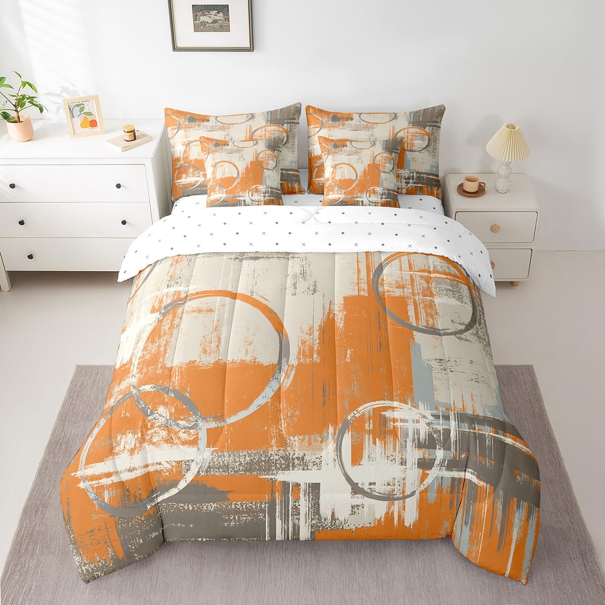 Feelyou Geometric 7 Piece Bedding Set Full Size for Kids Boys Girls Teens Toddler Modern Abstract Art Comforter Set with Sheets Orange Bed in a Bag Tie Dye Bed Set