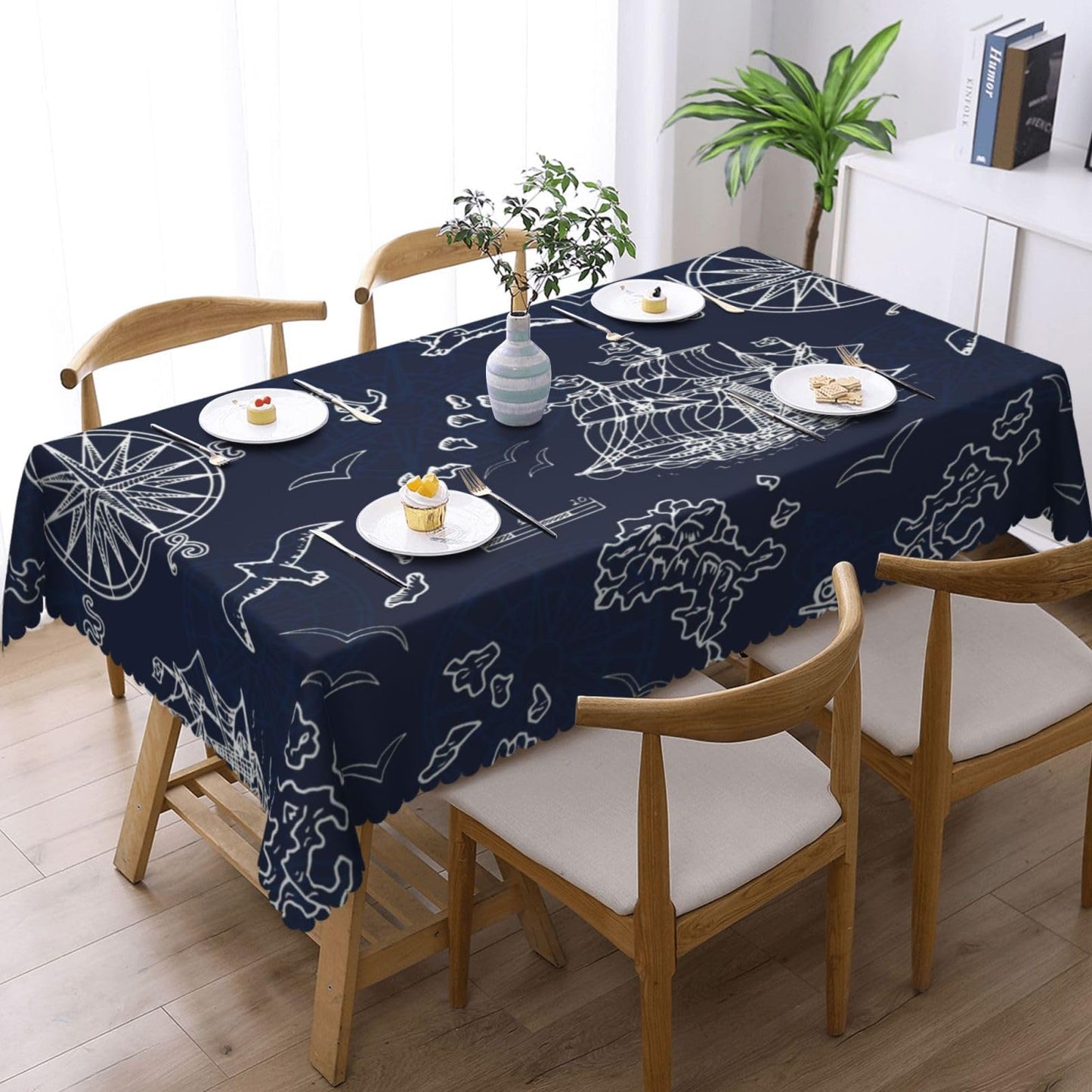 DRAVVIX Marine Nautical Rectangular Tablecloth Adventures Ships Table Cloth with Wavy Lace Decoration Polyester Table Cover for Dining, Parties 54x72 inch