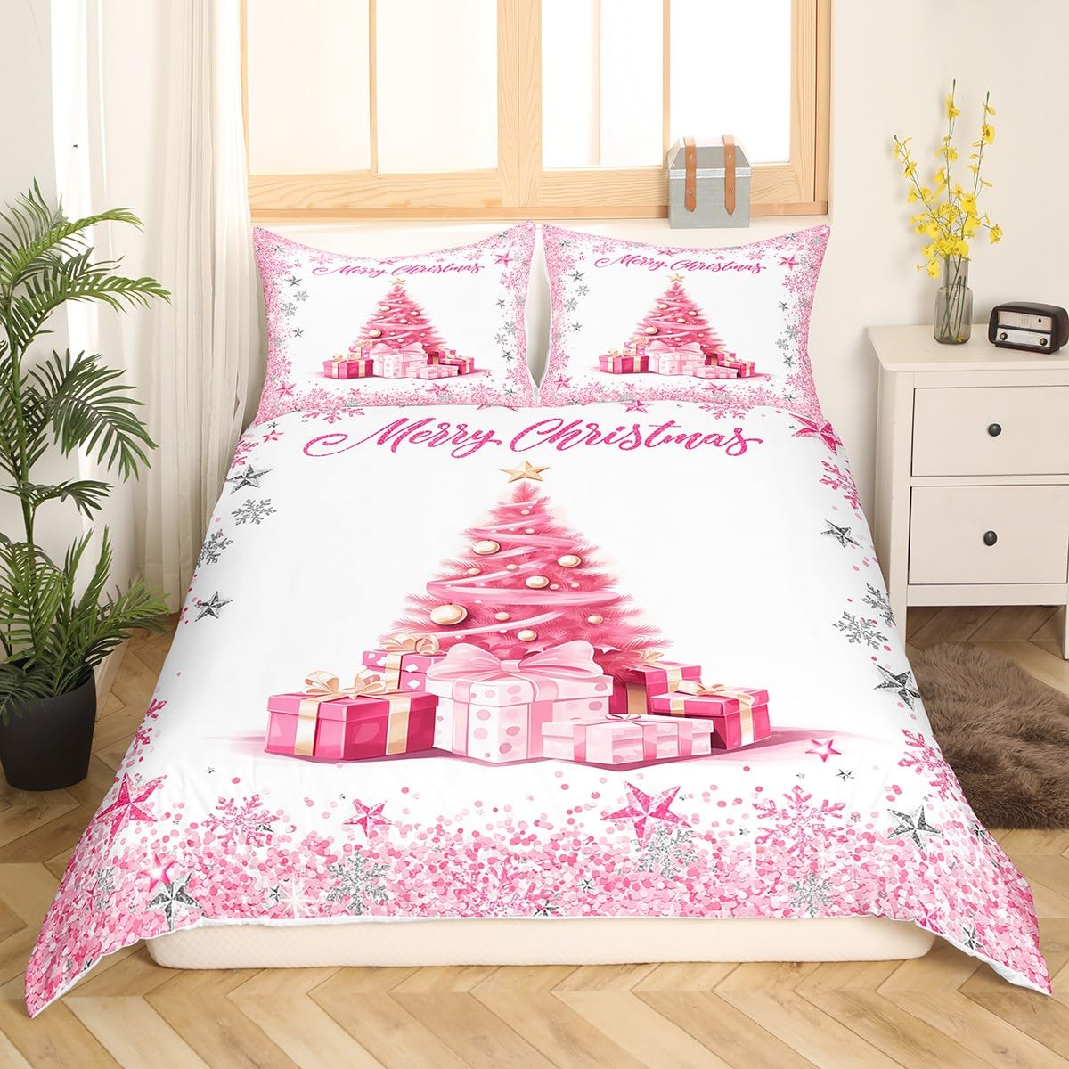 Pink Xmas Tree Duvet Cover Set Twin Size,Merry Christmas Bedding Set for Kids Girls Woman Teens Room Decor,Girly Sliver Glitter Snowflake Comforter Cover Sweet Winter Style Quilt Cover,1 Pillowcase