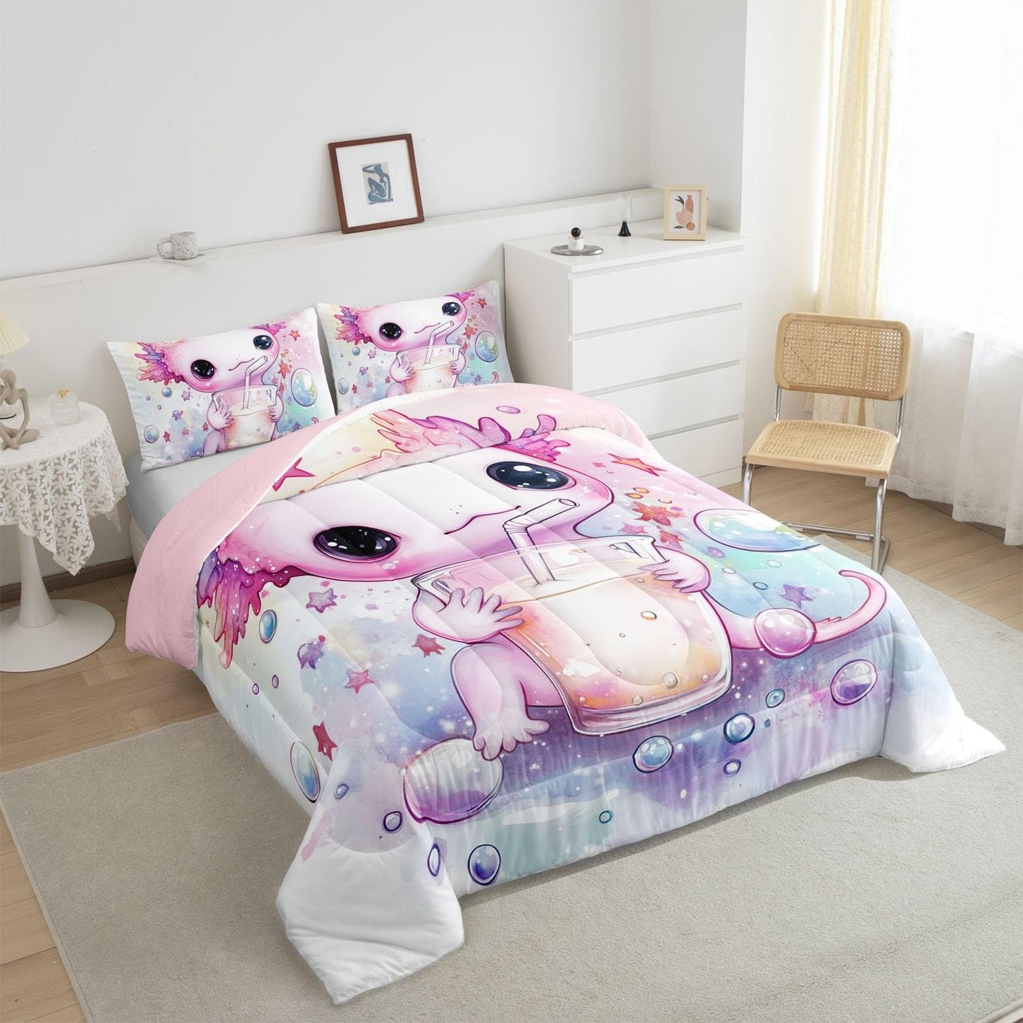 Feelyou Pink Cute Axolotl Comforter Set Twin Size Kids Cartoon Salamander Drink Bedding Set Boys Teens Kawaii Ocean Sealife Comforter Gift for Girls Women Duvet Set Bubble Quilt Set