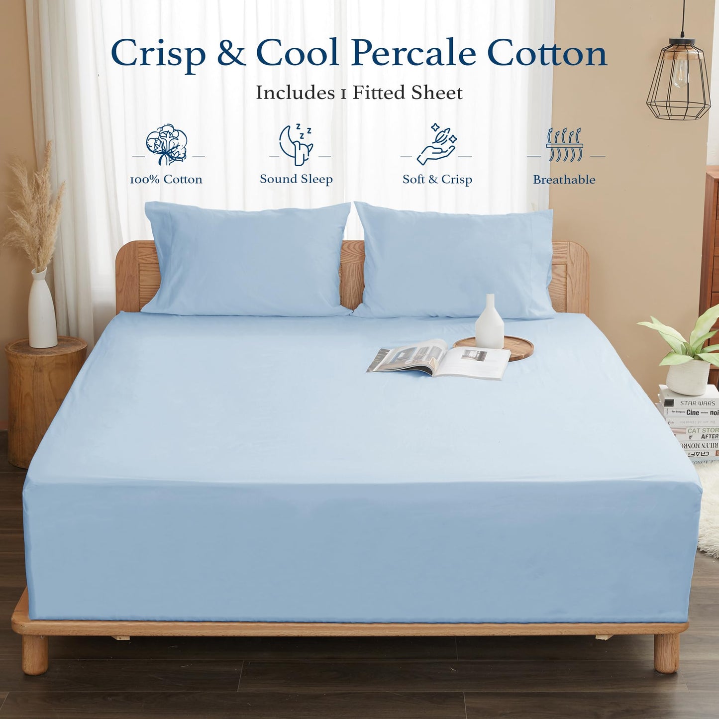 HOMTEC 100% Cotton Percale Fitted Sheet California King Size, 8-15" Deep Pocket Cooling Bottom Sheet, Breathable Soft & Crisp Fitted Sheet Only with 4 Corner Straps (Cal King, Light Blue)