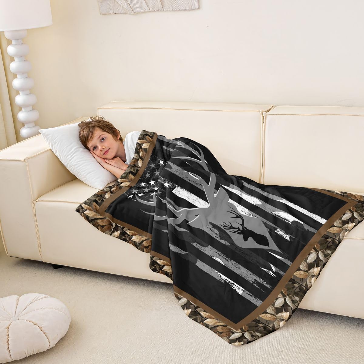 Erosebridal Wild Deer Blanket for Boys,American Flag Throw Blanket 40x50 Inch,Hunting Animal Fleece Blanket All Season,Geometric Striped Fuzzy Blanket for Bedroom