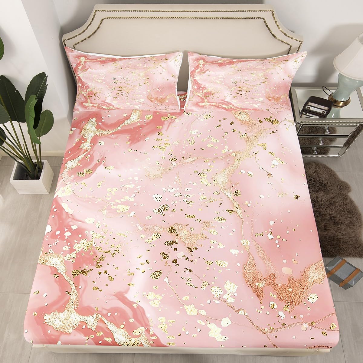 Manfei Marble Texture Fitted Sheet Pink Marble Pattern Golden Sequins Print Bedding 2pcs Microfiber Bed Sheet Set (1 Fitted Sheet + 1 Pillow Case) Twin Size