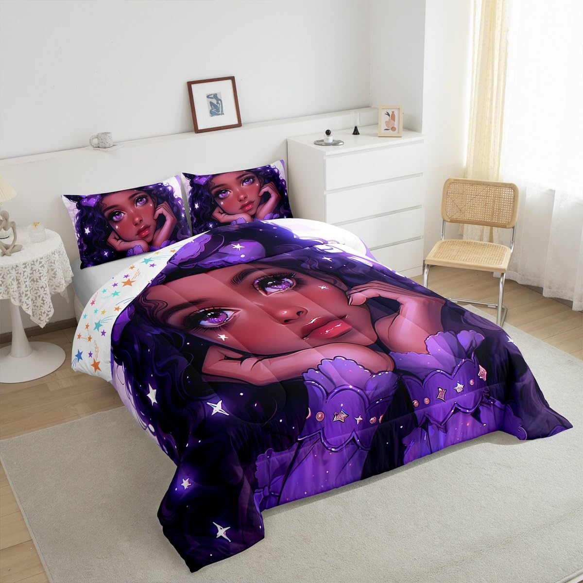 Erosebridal Afro Hair Girl Twin Comforter Set for Little Girls,Toddlers Cute Afro Melanin Princess Bedding Set,Purple Bow American Black Girls Quilt for Girls Bedroom