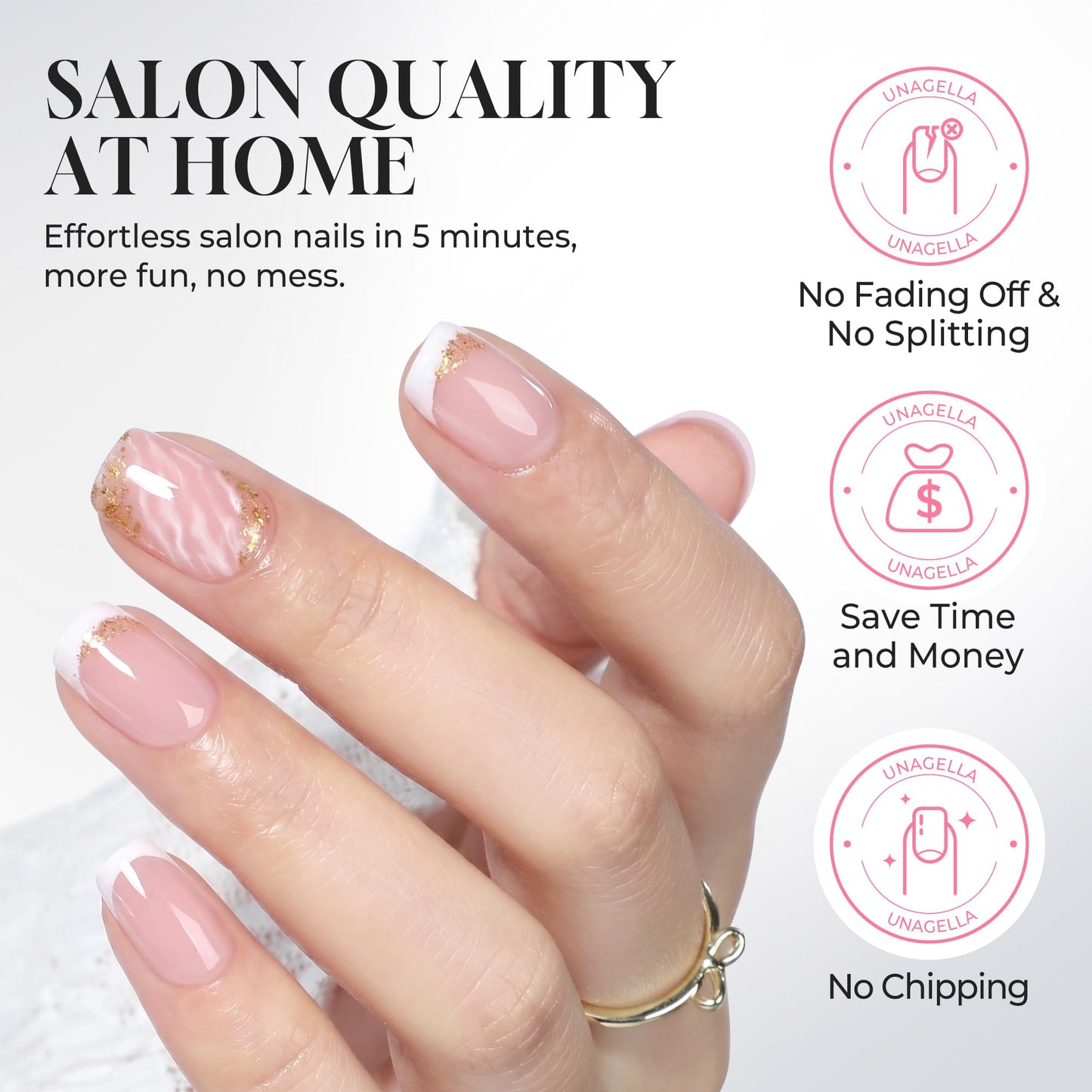 UNA GELLA French Tip Press on Nails Short Square - 32Pcs 16 Sizes Soft Gel Fake Nails Marble Design, Reusable Stick on Nails for Women Manicure Daily Wear Nude Pink