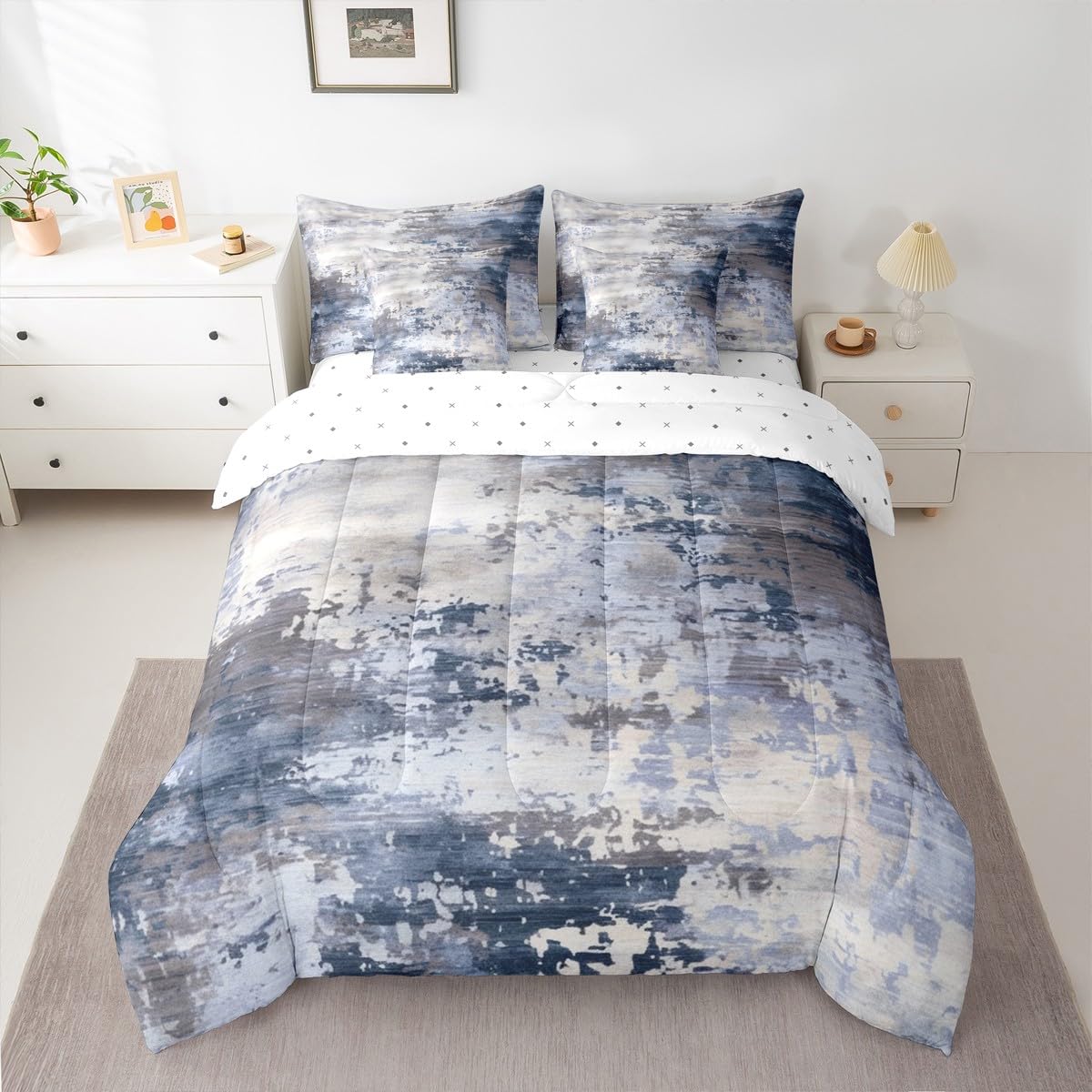Erosebridal Watercolor Comforter Set 7 Pcs,Modern Abstract Bedding Set for Girls Boys Kids Teens,Navy Blue Tie Dye Ombre Bed in A Bag,Contemporary Grunge Aesthetic Sheet Set (Navy Blue Grey,King)