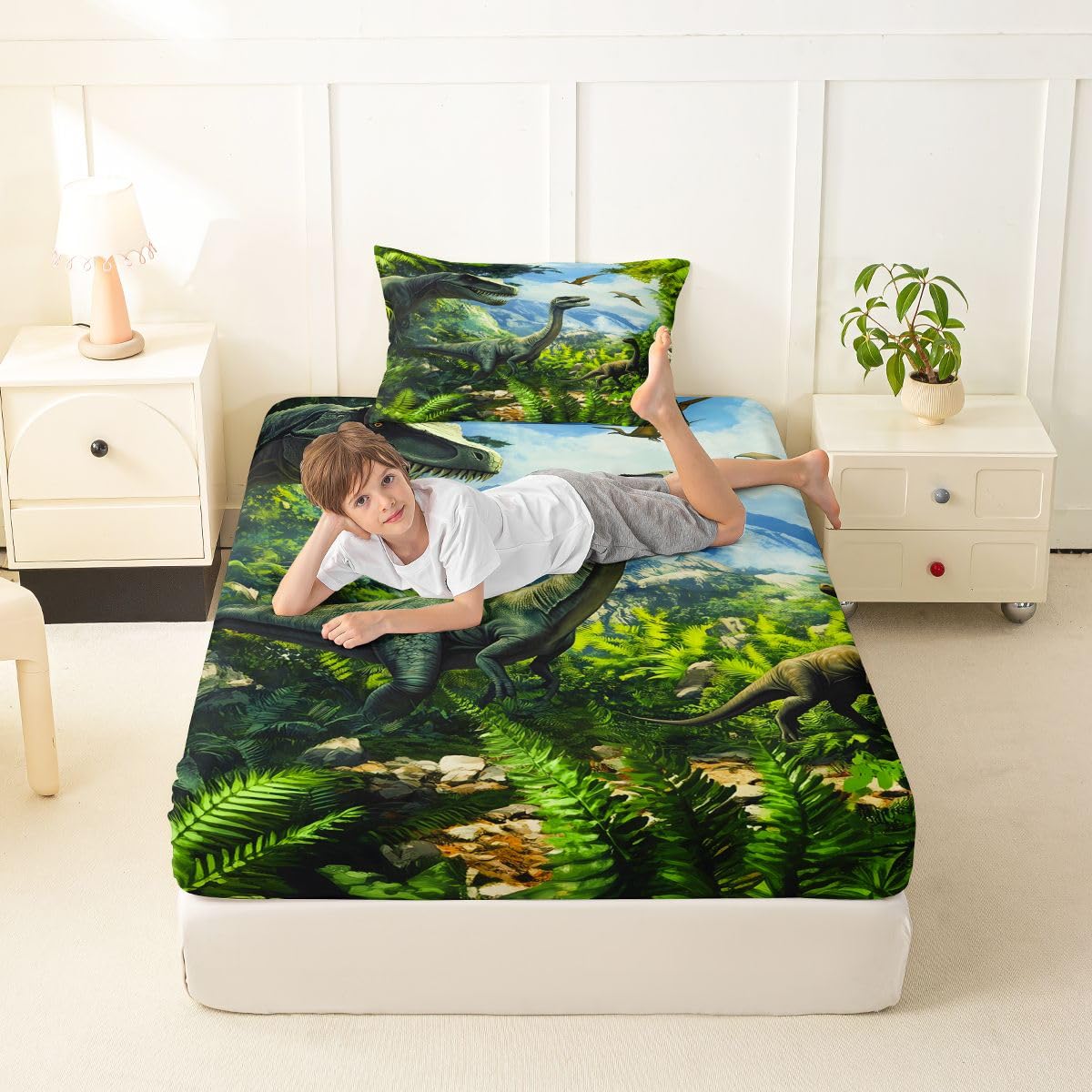 Feelyou Dinosaur Bed Sheets Sets Twin Size Kids Boys Girls 3D Digital Print Bedding Set Jungle Dino Bed Sheet Set with 16-Inch Deep Pockets Wild Animal 3Pcs with 1 Pillow Cases Green Blue White